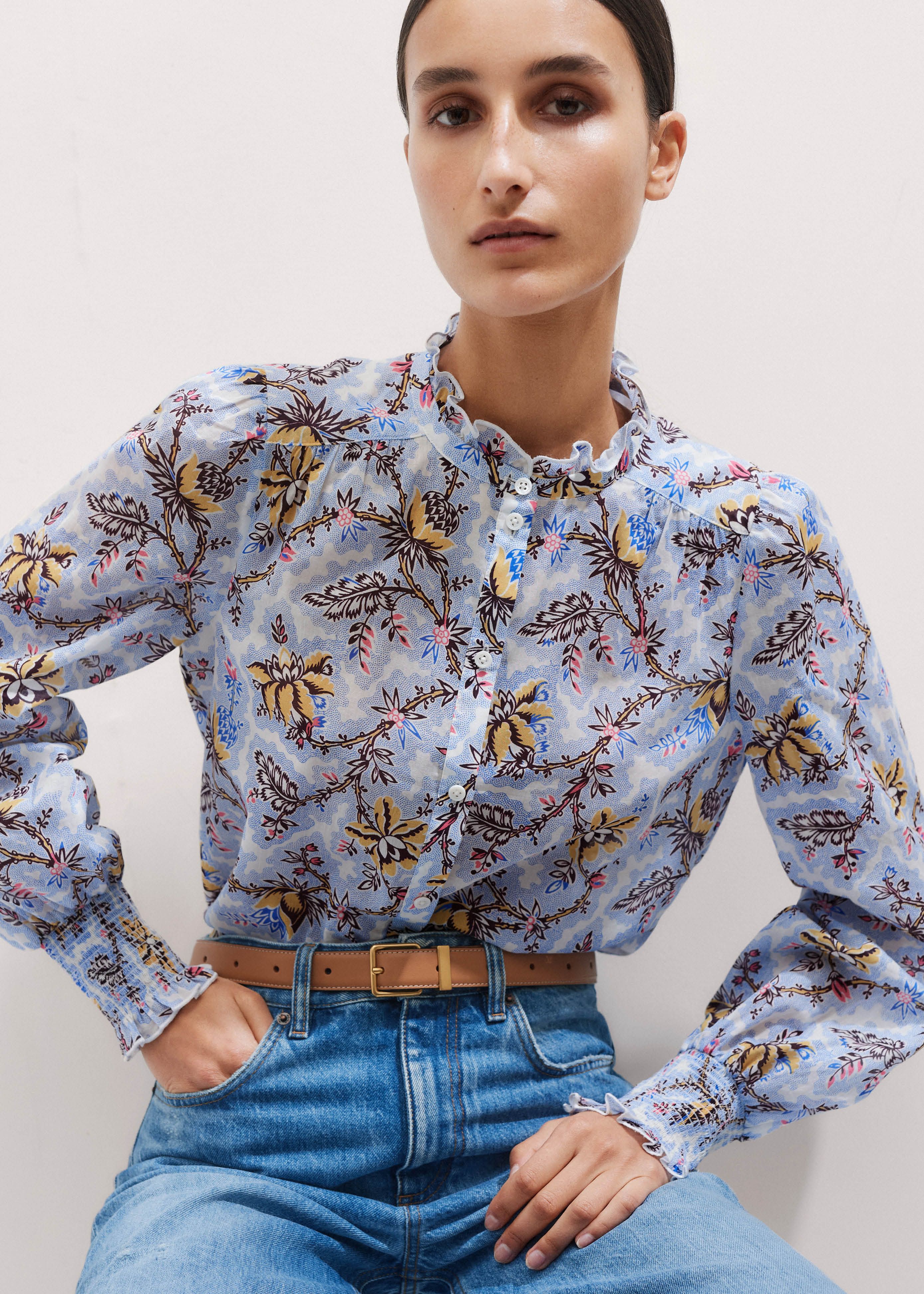 Women's Yellow Silk Cotton Bird Of Paradise Print Blouse | ME+EM