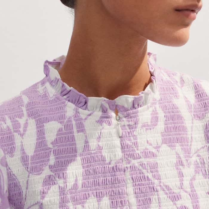 Women's White Cheesecloth Tulip Print Shirred Zip Top | ME+EM
