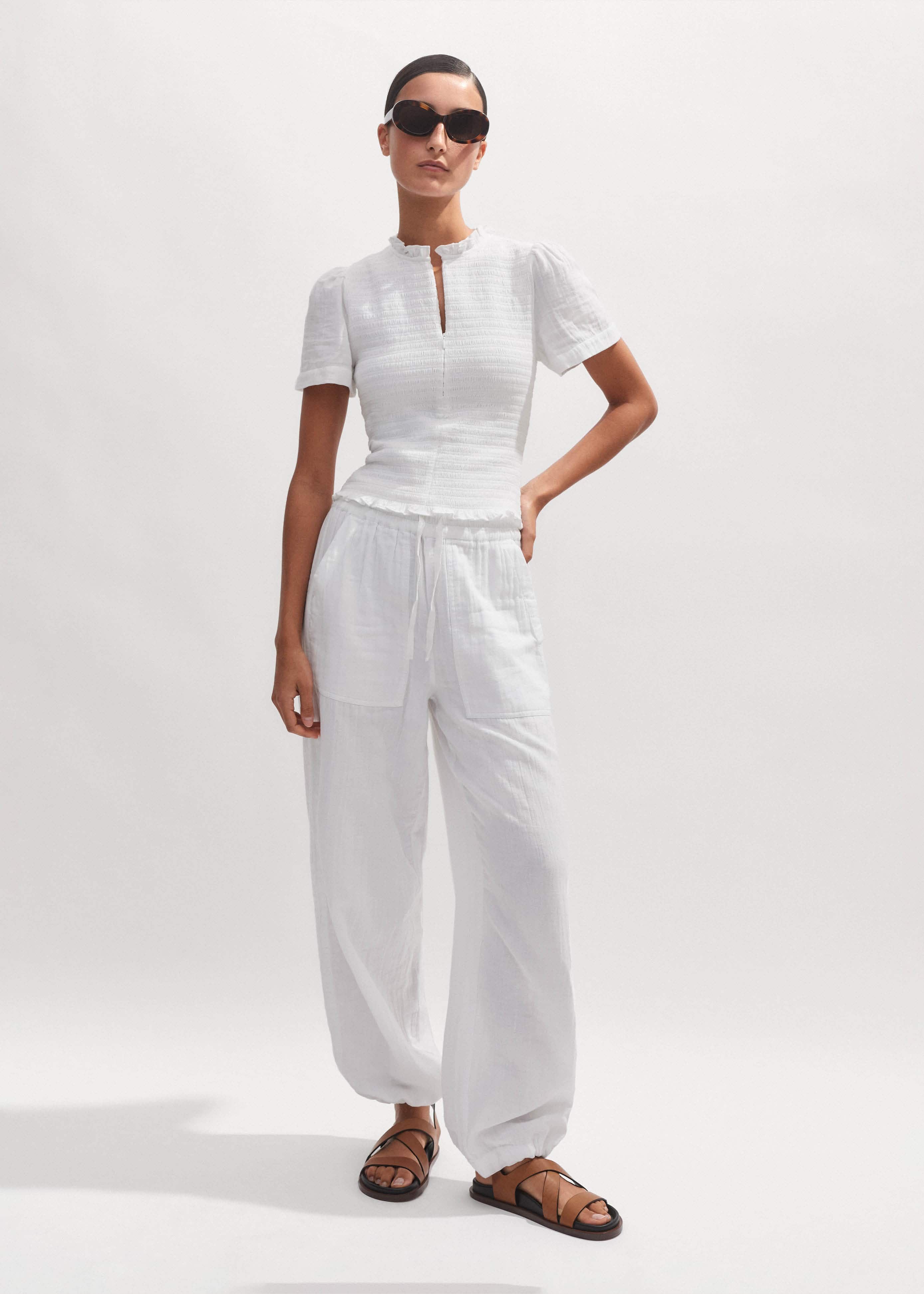 Women's White Cheesecloth Shirred Zip Top | ME+EM