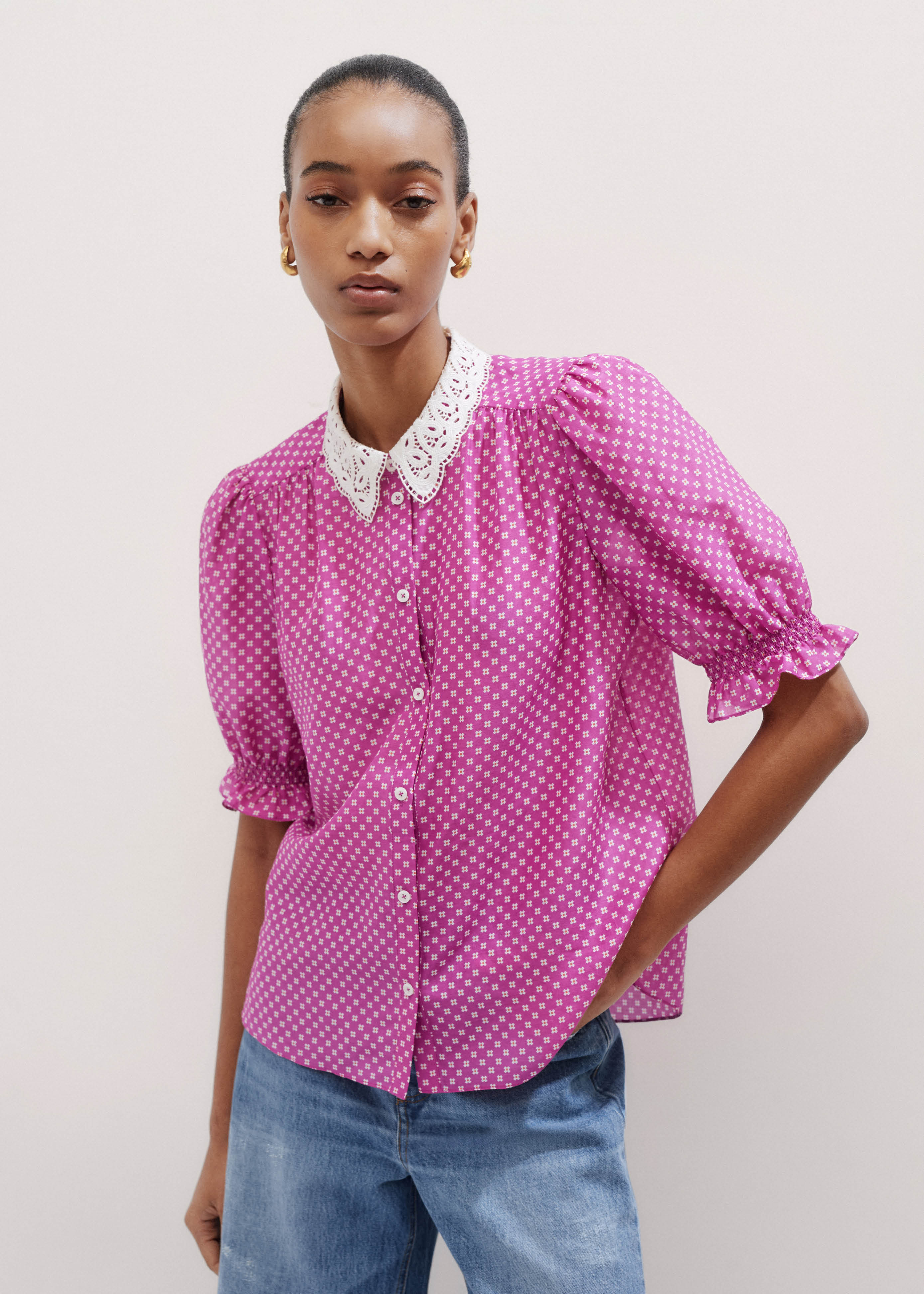 Women's Purple Silk Cotton Little Crosses Print Blouse | ME+EM