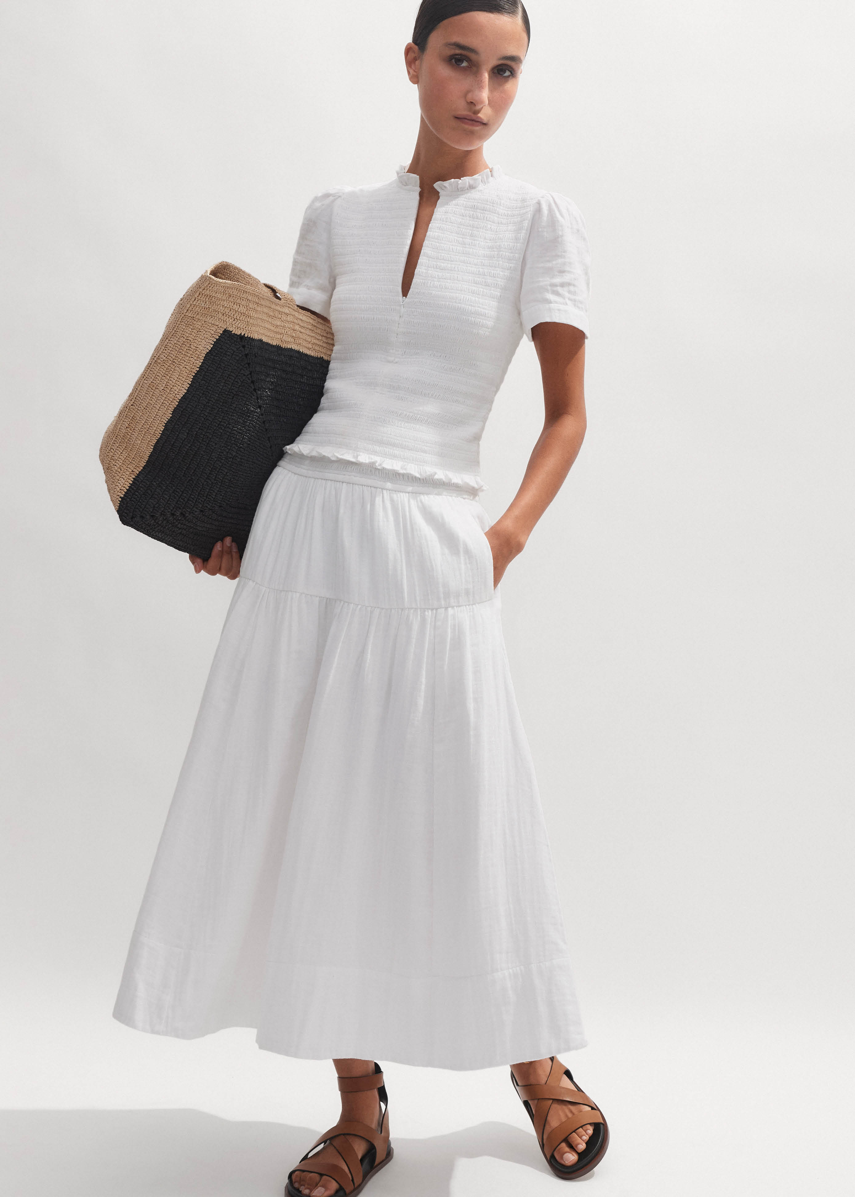 Women's White Cheesecloth Shirred Top + Midi Skirt Co-ord