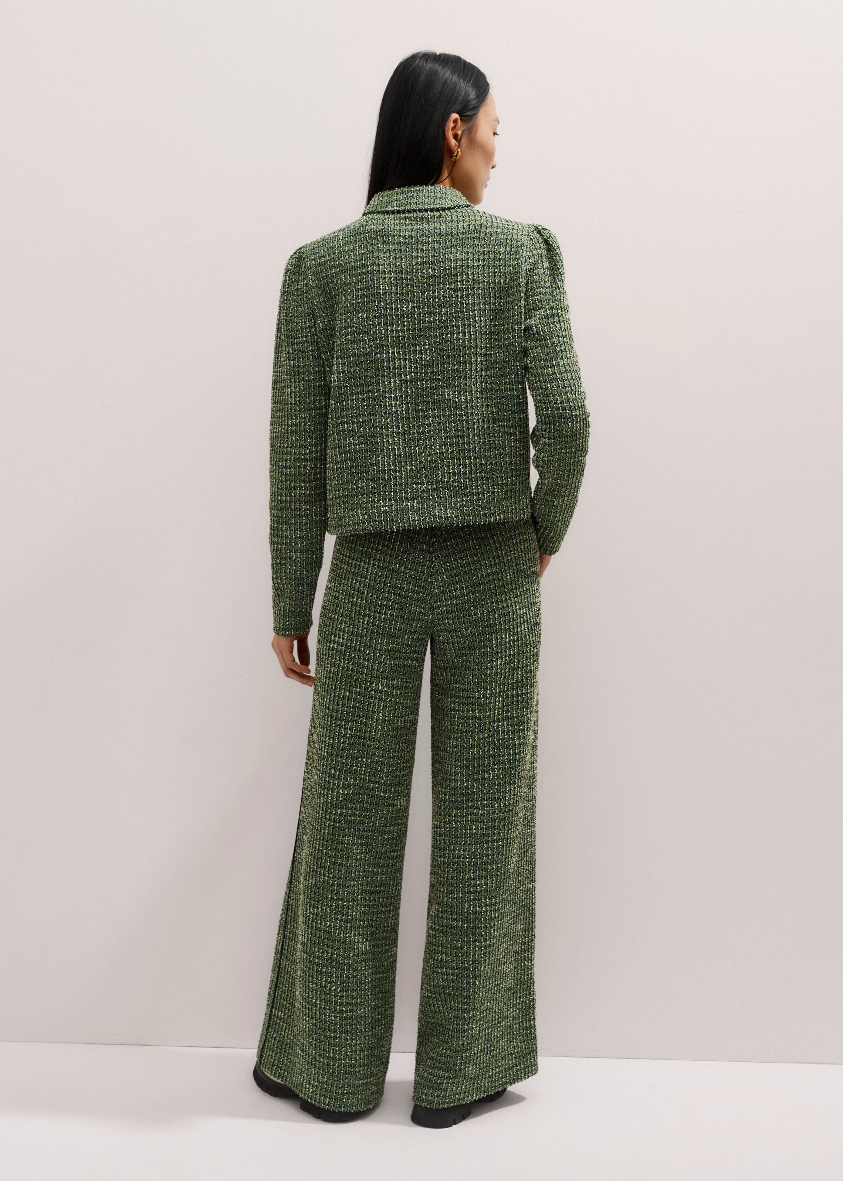 Women's Green Tweed Zip-Through Box Top + Track Pant Co-ord | ME+EM