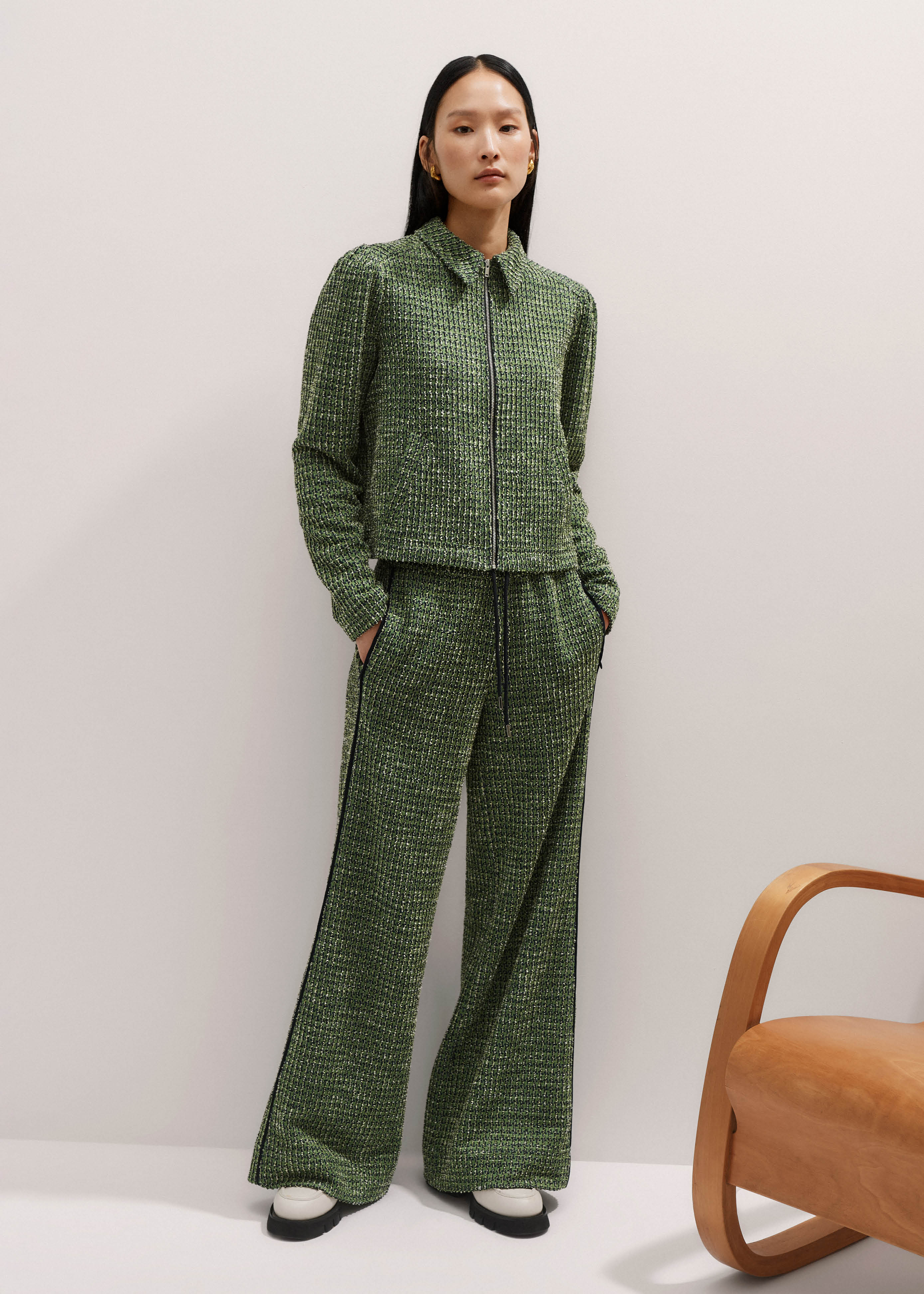 Women's Green Tweed Zip-Through Box Top + Track Pant Co-ord | ME+EM