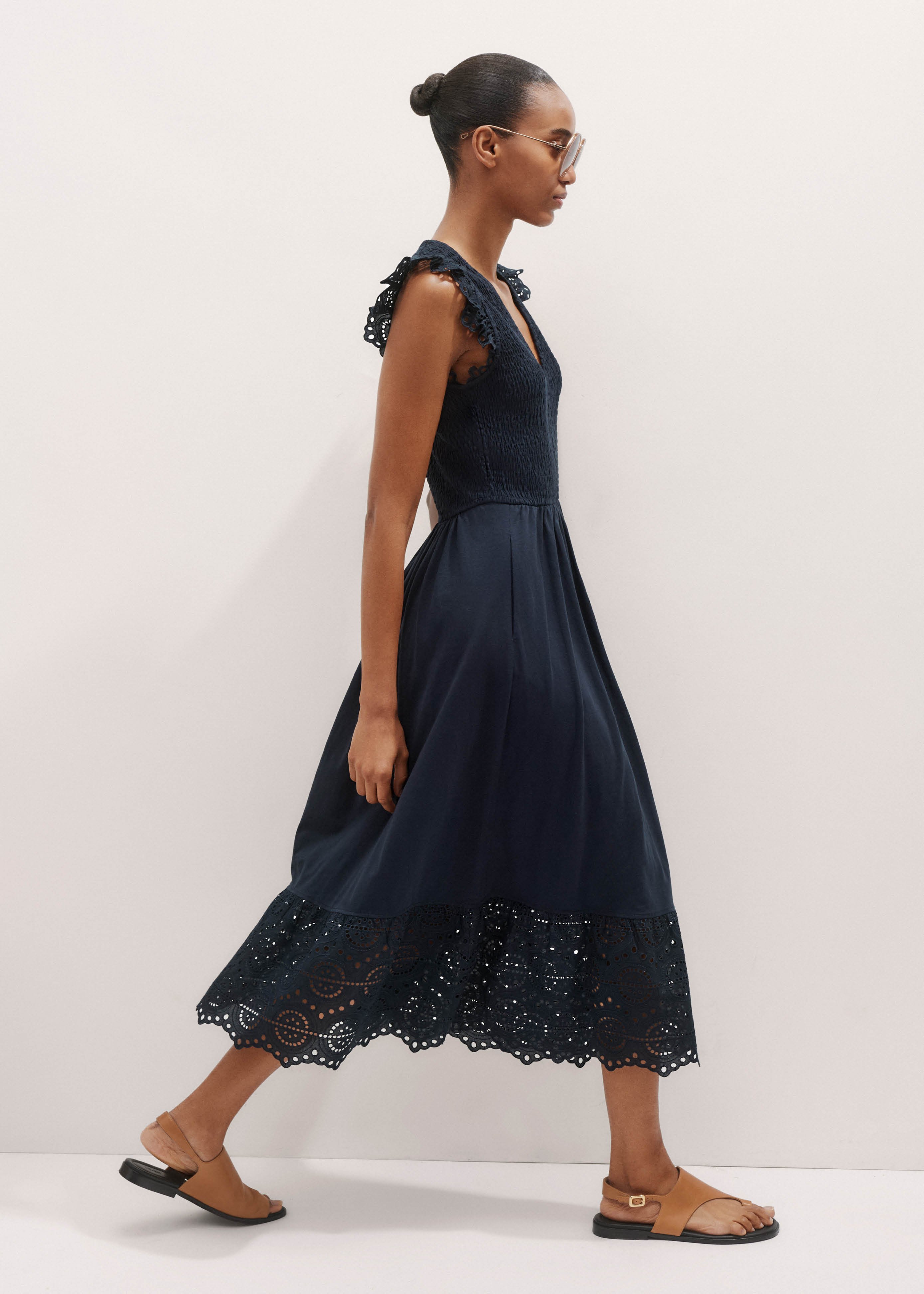 slub midi dress Women's Navy Broderie Slub Midi Dress