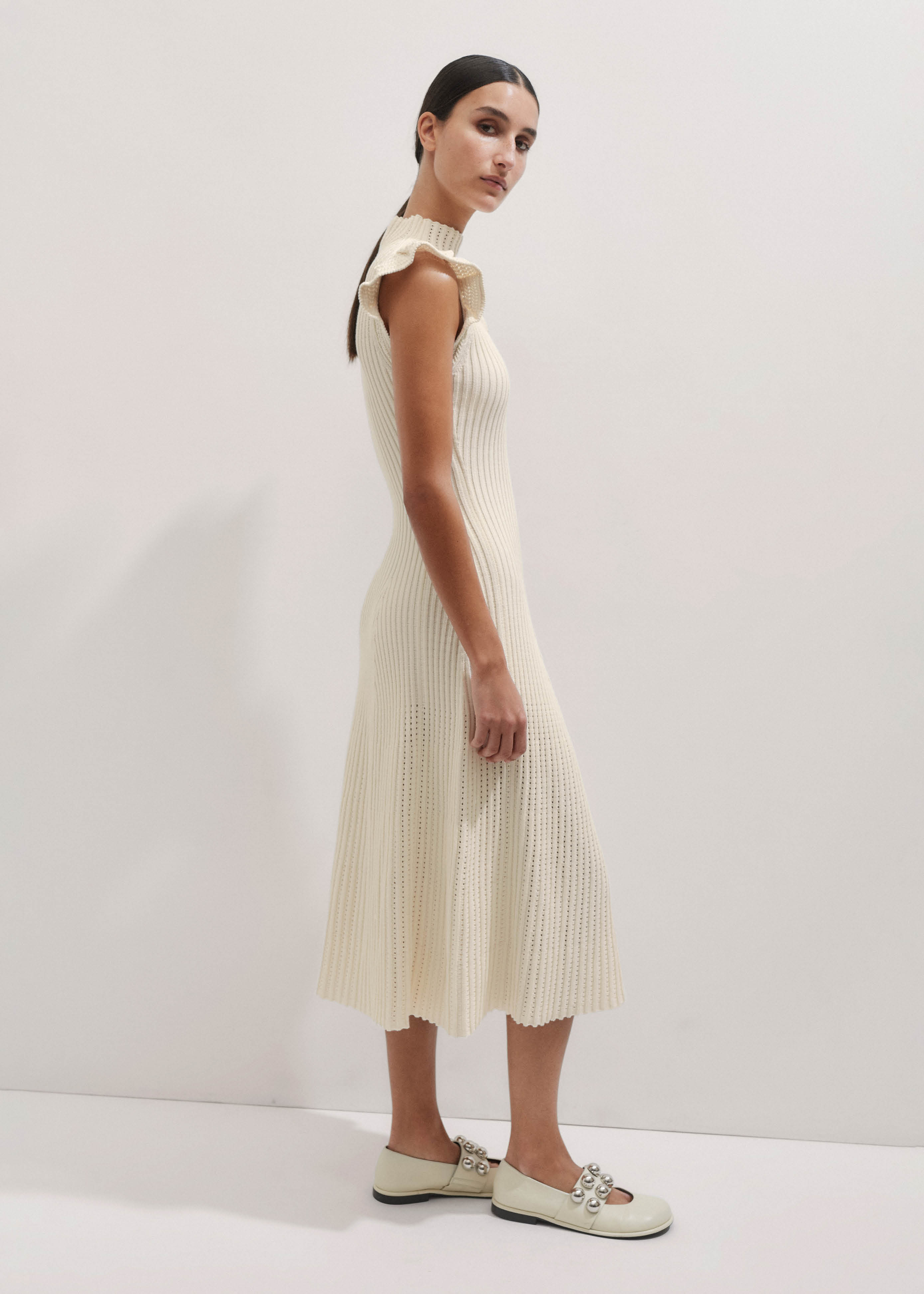 Women's Cream Cotton Pointelle Stitch Knit Midi Dress | ME+EM