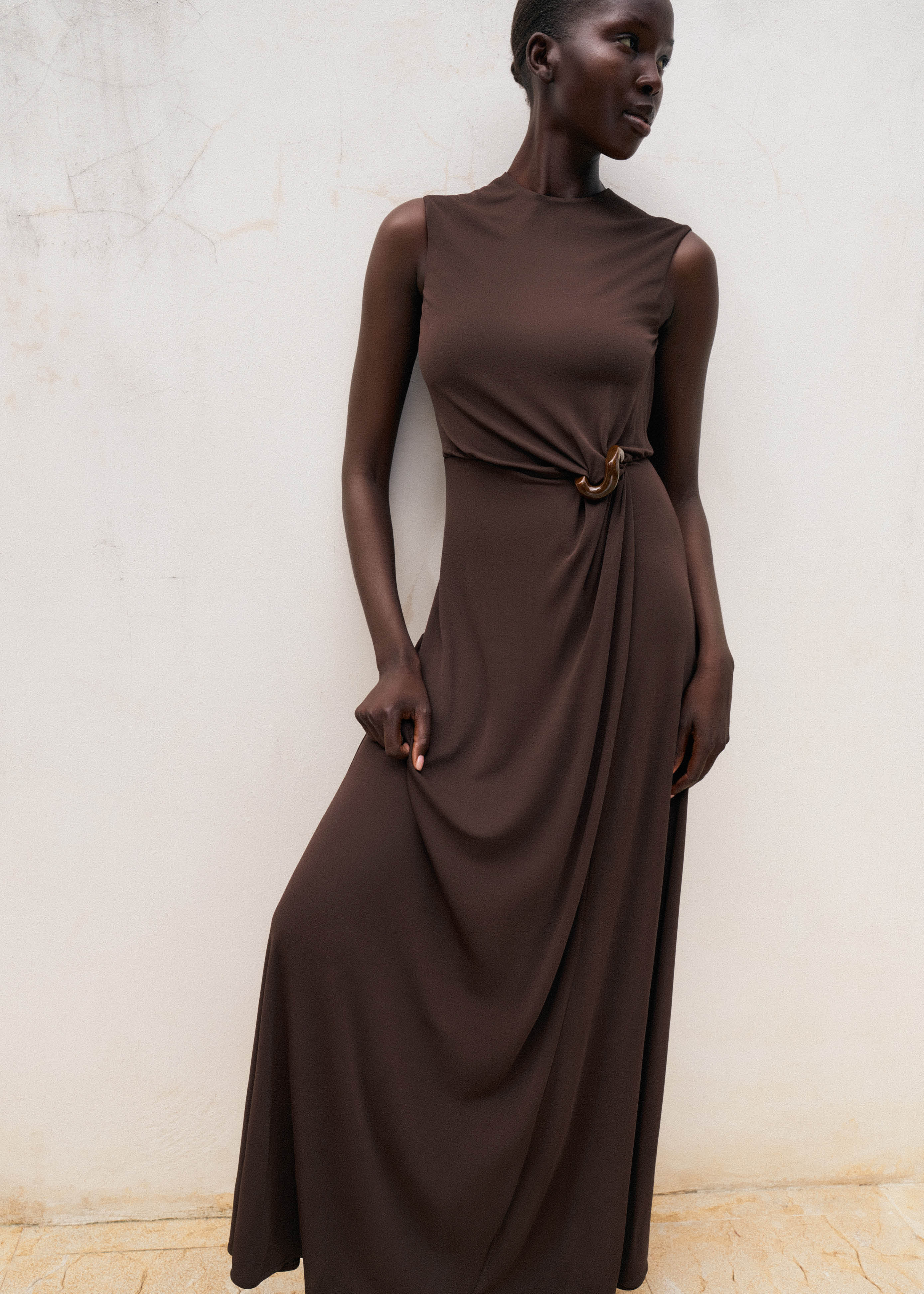Mist | Brown Plunge-Neck Maxi Dress With Knot-Detail And Open-Back
