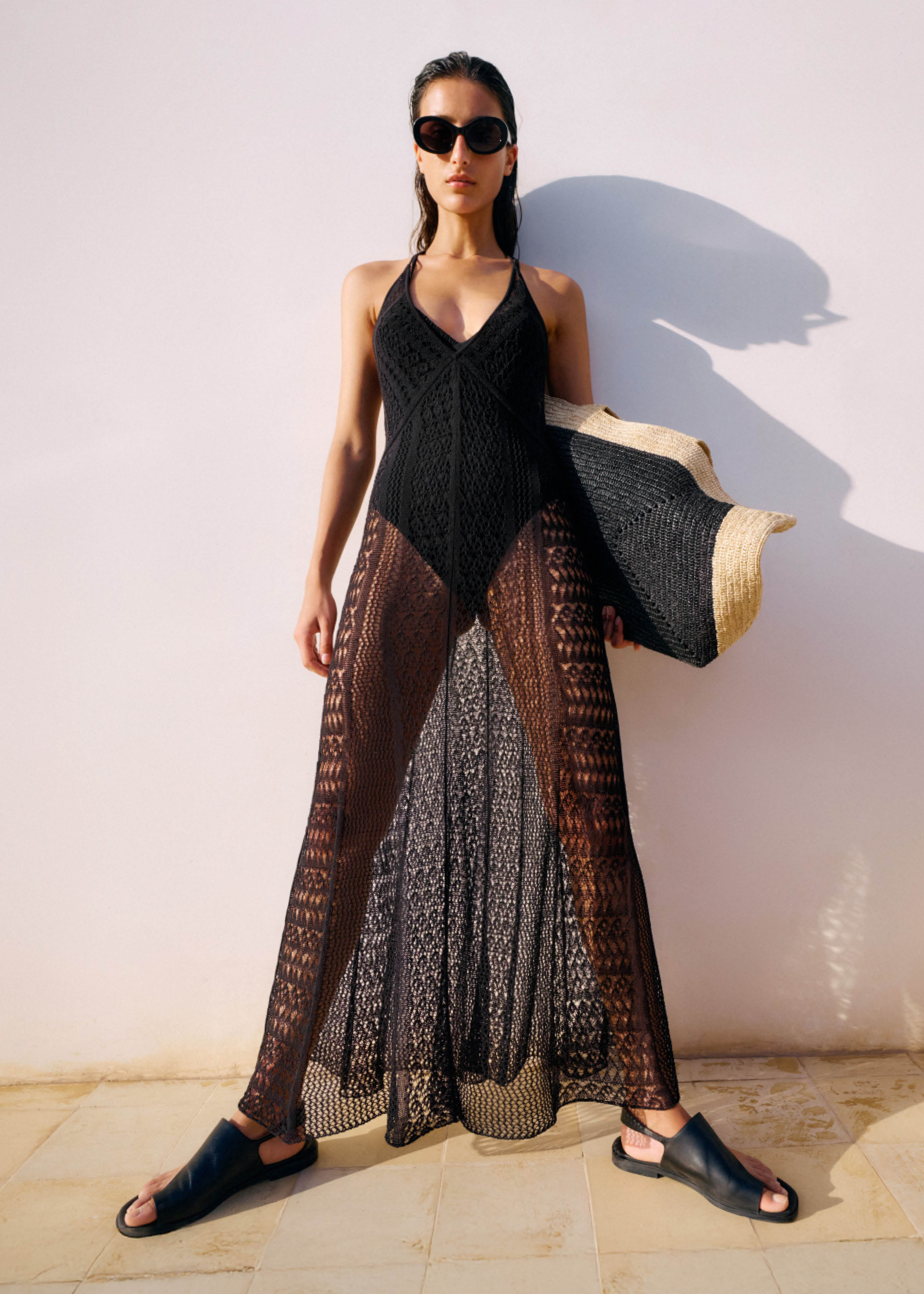 Women's Black Pointelle Halterneck Midi Dress | ME+EM Women's Black Pointelle Halterneck Midi Dress | ME+EM