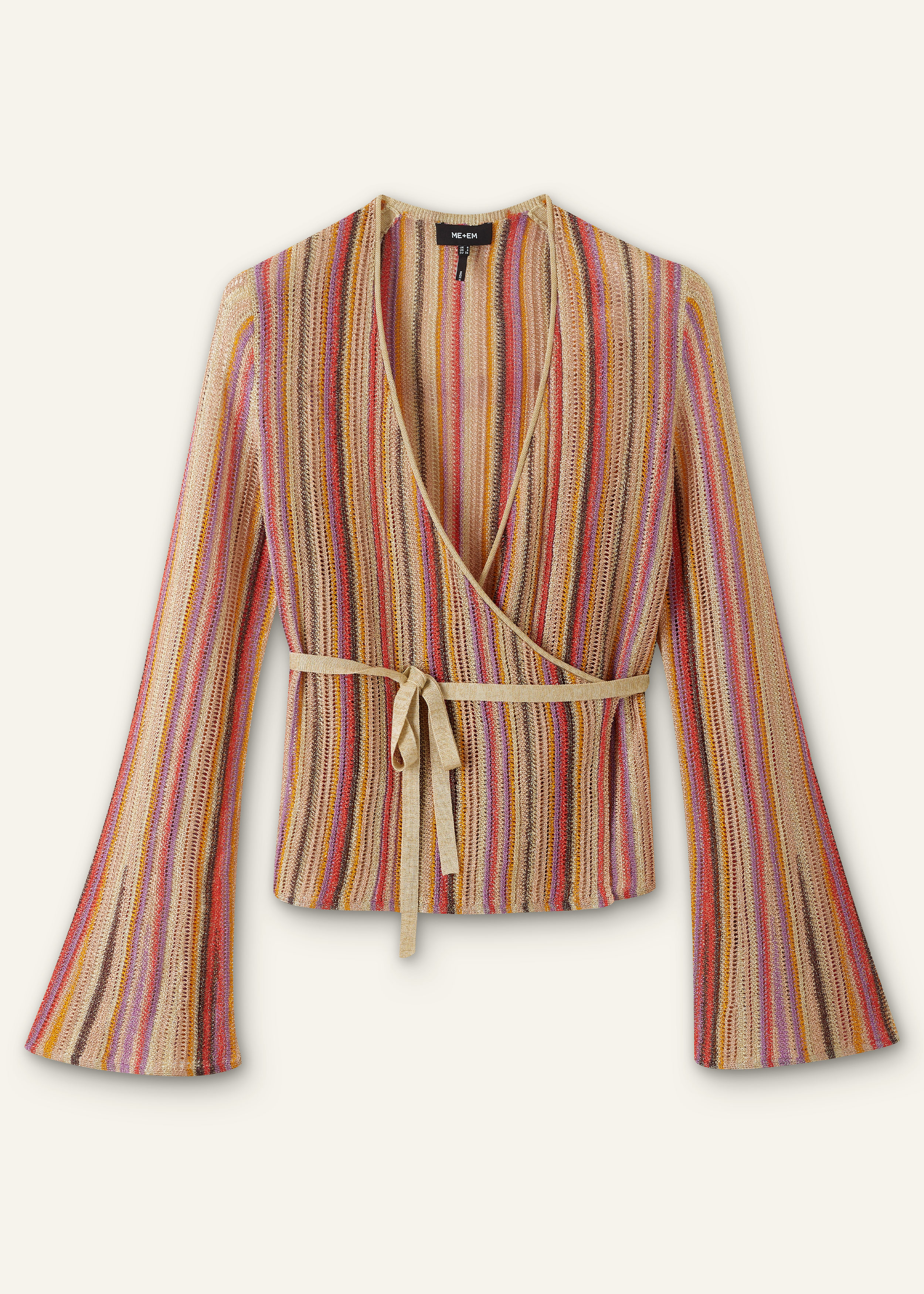 Women's Gold Metallic Textured Stripe Knit Wrap Top | ME+EM