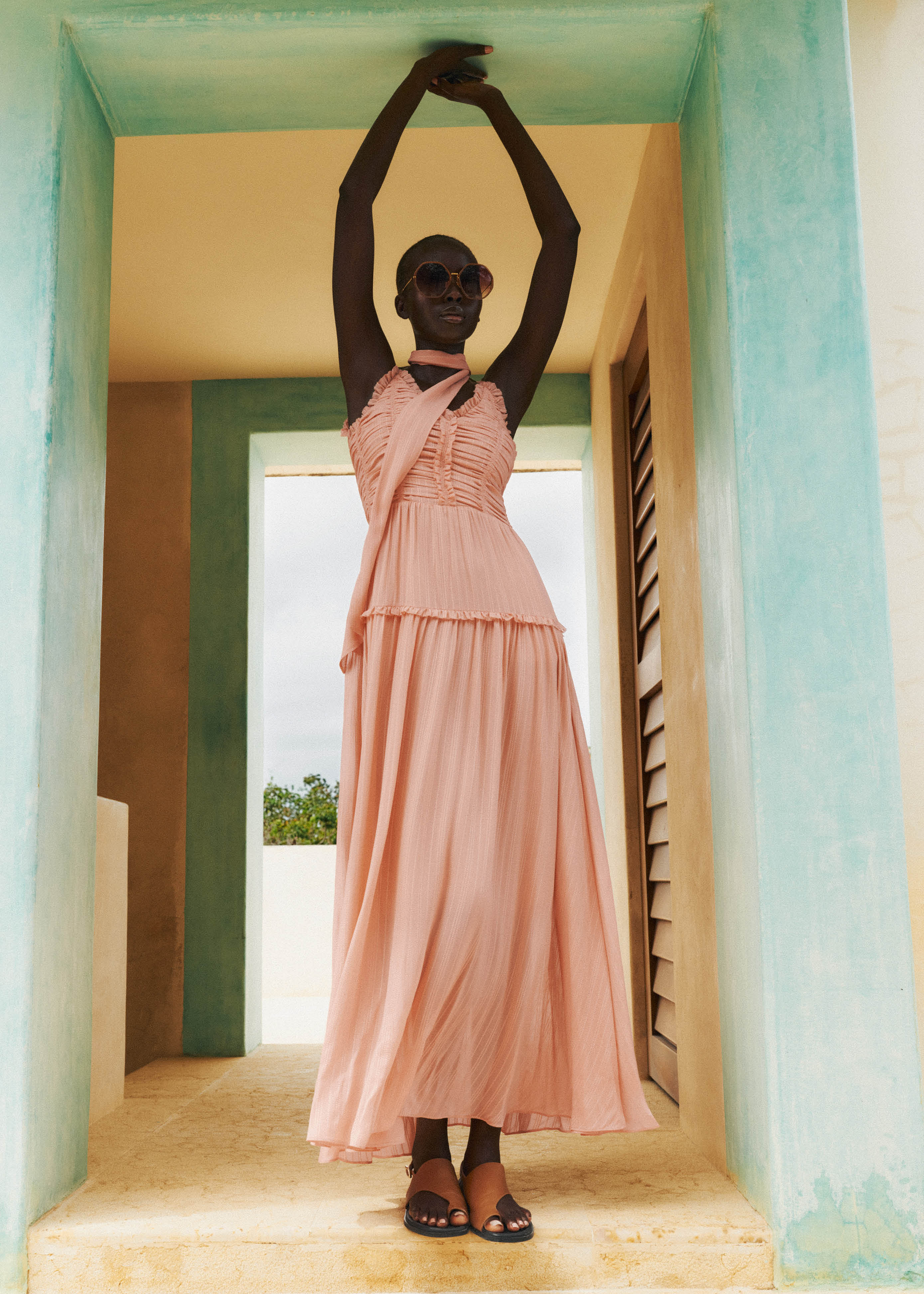 ME+EM Textured Full Length Dress + Tie Peach Sorbet - Women's - Textured Silk - Size US 12
