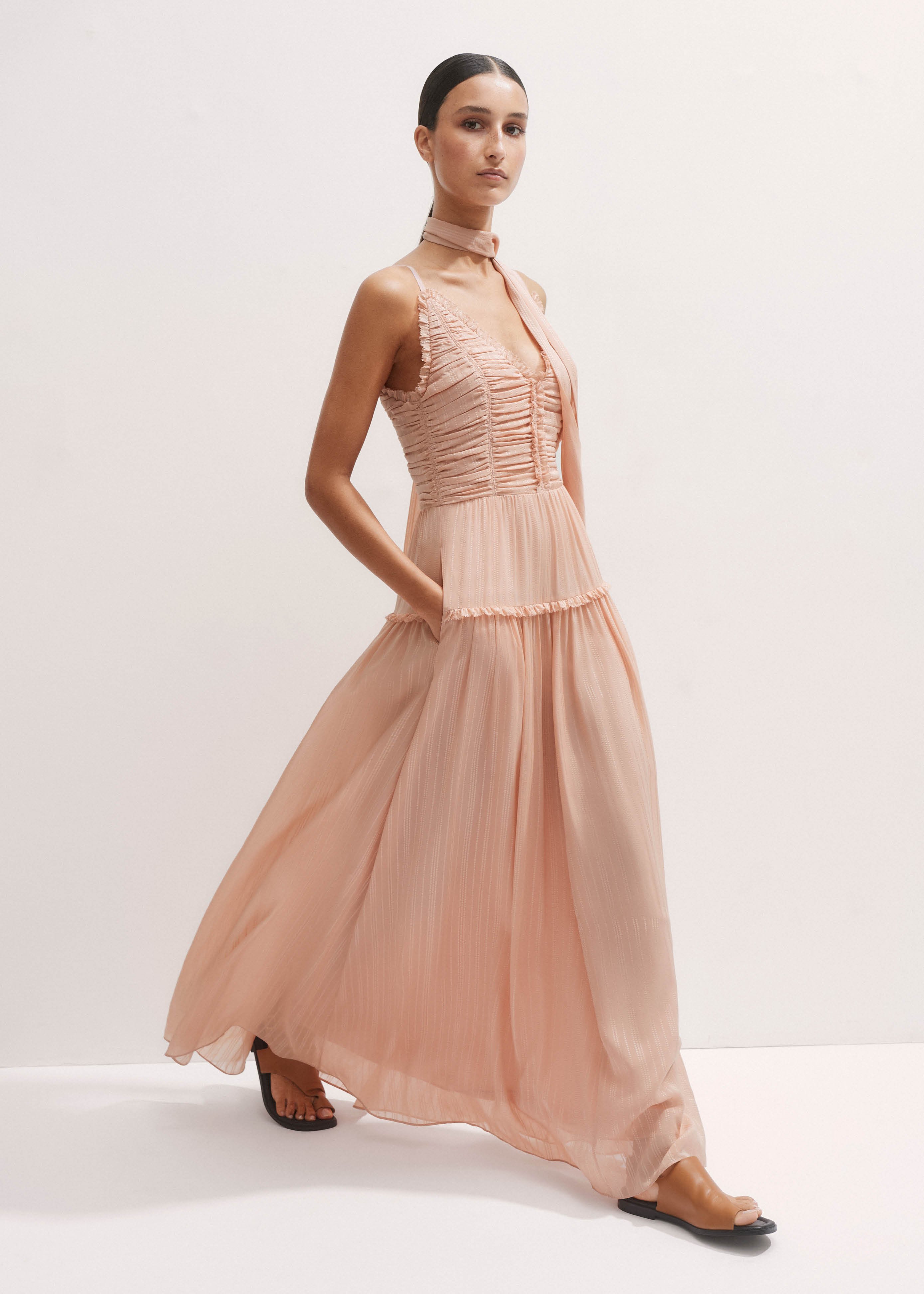 Women's Pink Silk Crinkle Halterneck Maxi Dress | ME+EM