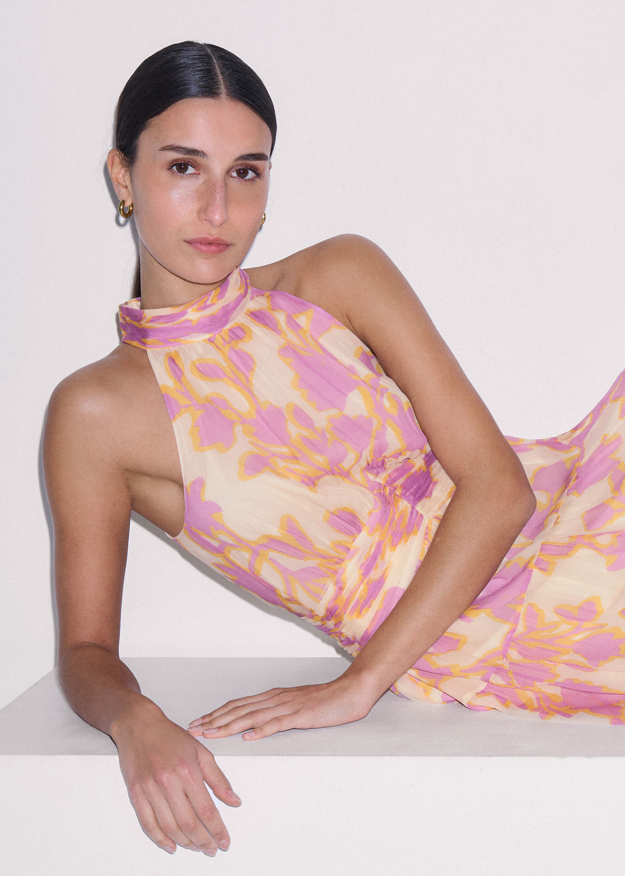 ME+EM Shadow Paradise Print Halterneck Midi Dress Buttercream/Lilac/Multi - Women's - Crinkle Silk - Size US 10
