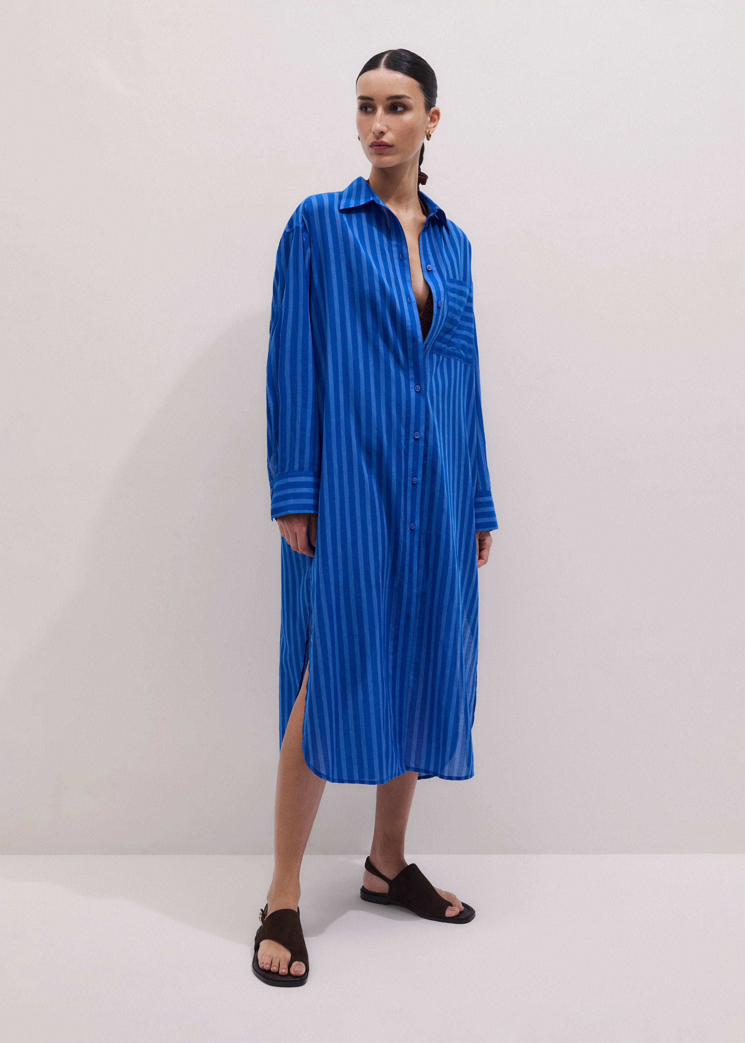 ME+EM Cotton Stripe Midi Shirt Dress - Intense Blue/sky Blue