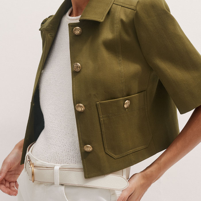 Women's Olive Green Herringbone Crop Jacket | ME+EM