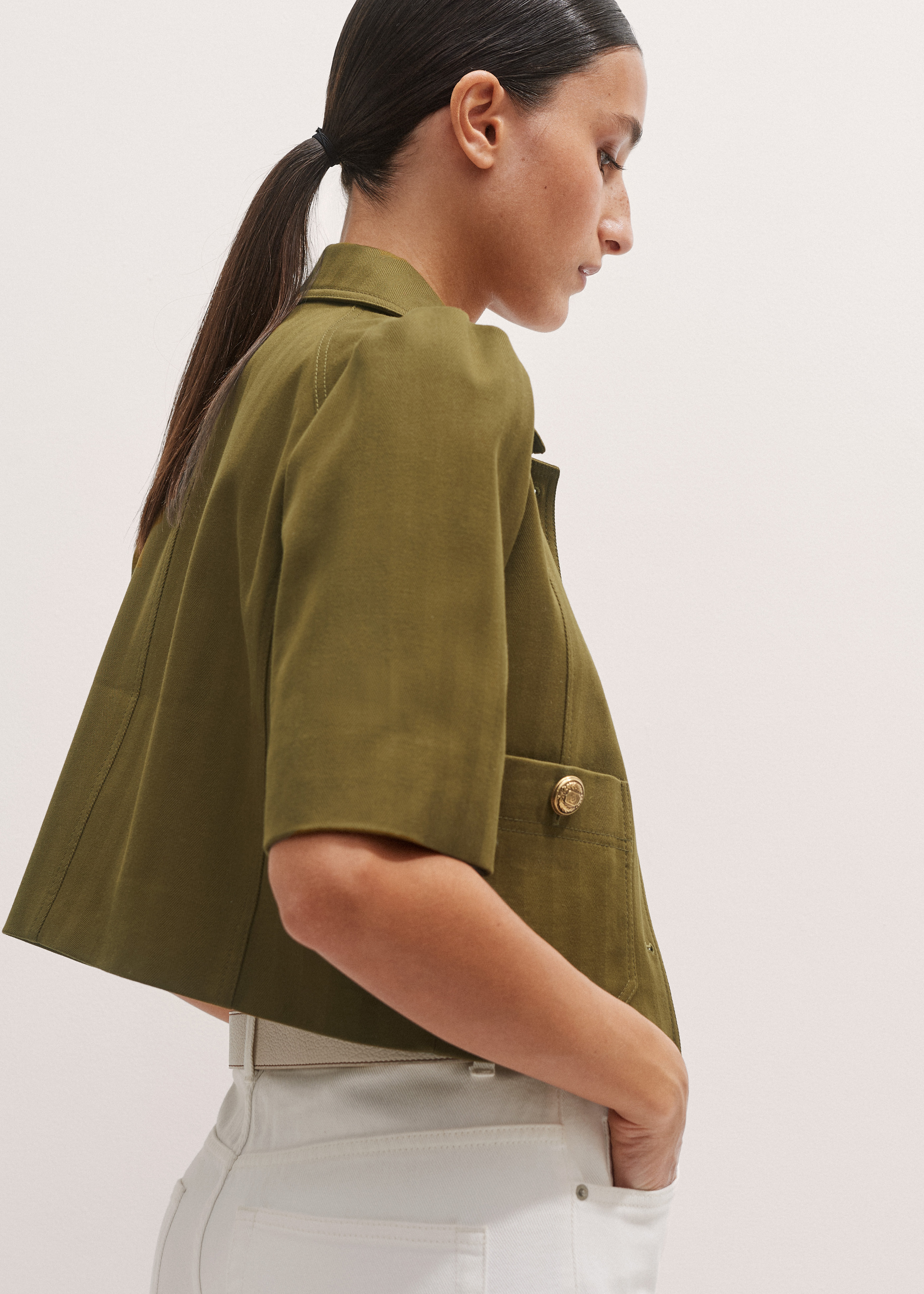 【2plan】Joy button mohair crop jacket Women's Olive Green Herringbone Crop Jacket | ME+EM