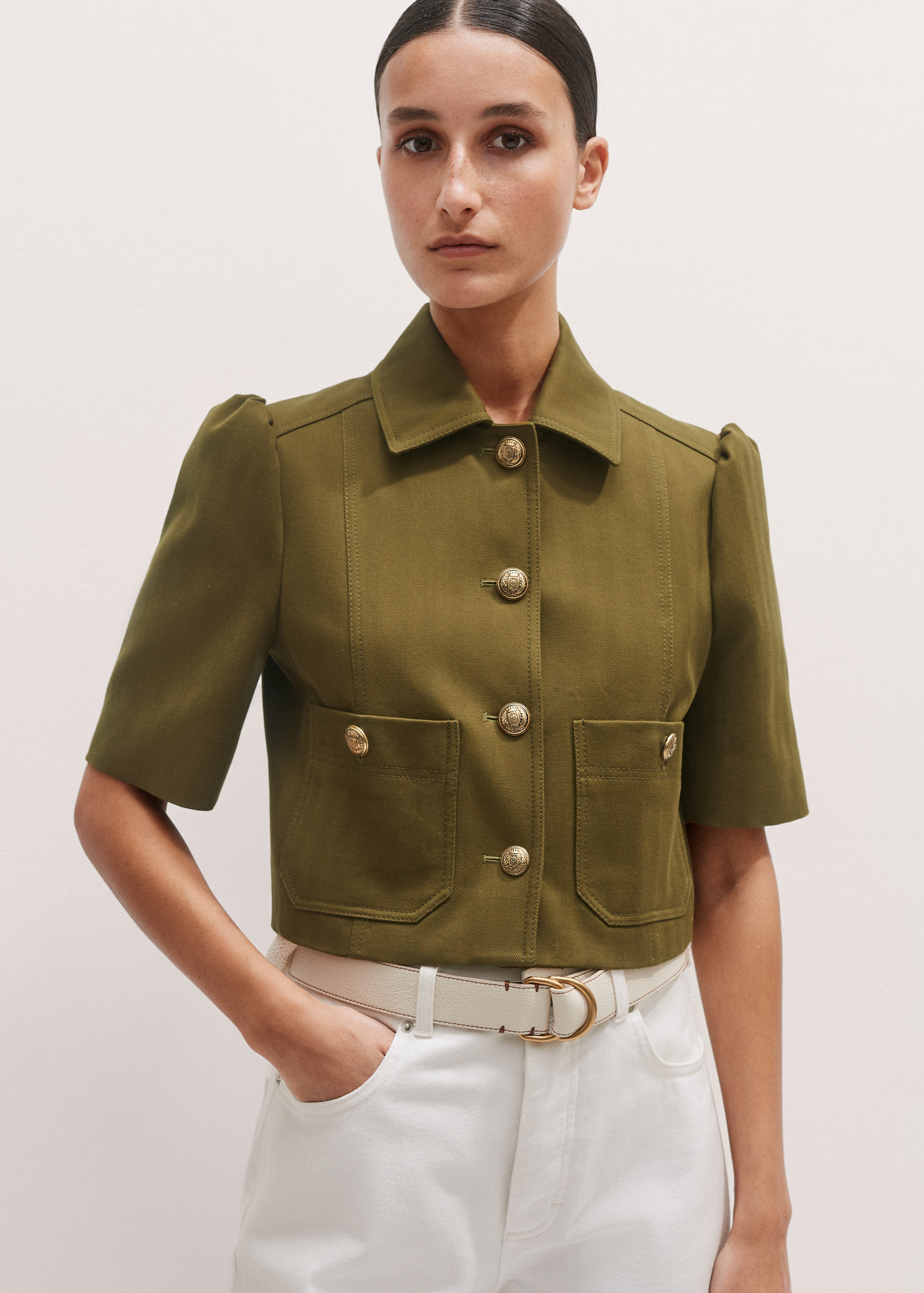 Women's Olive Green Herringbone Crop Jacket | ME+EM