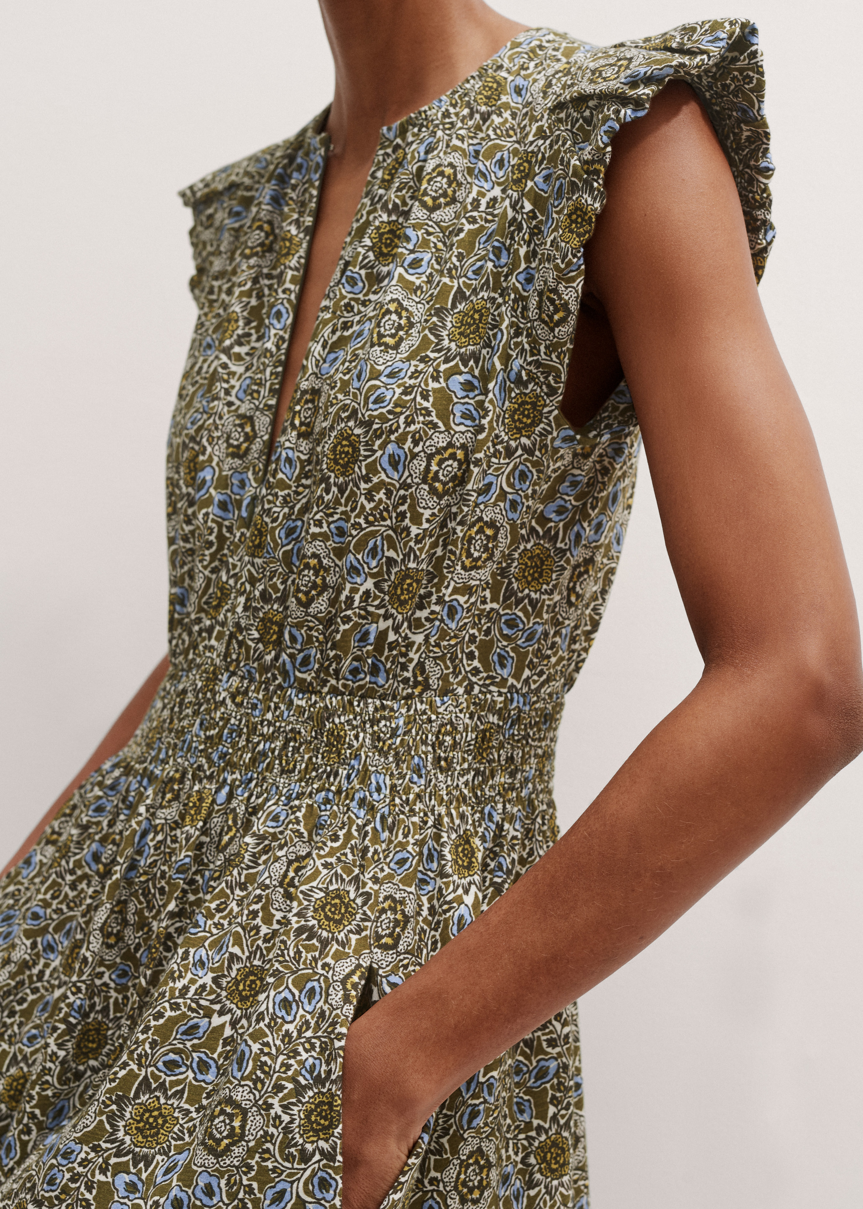 Women's Olive Green Trailing Lotus Print Midi Dress | ME+EM