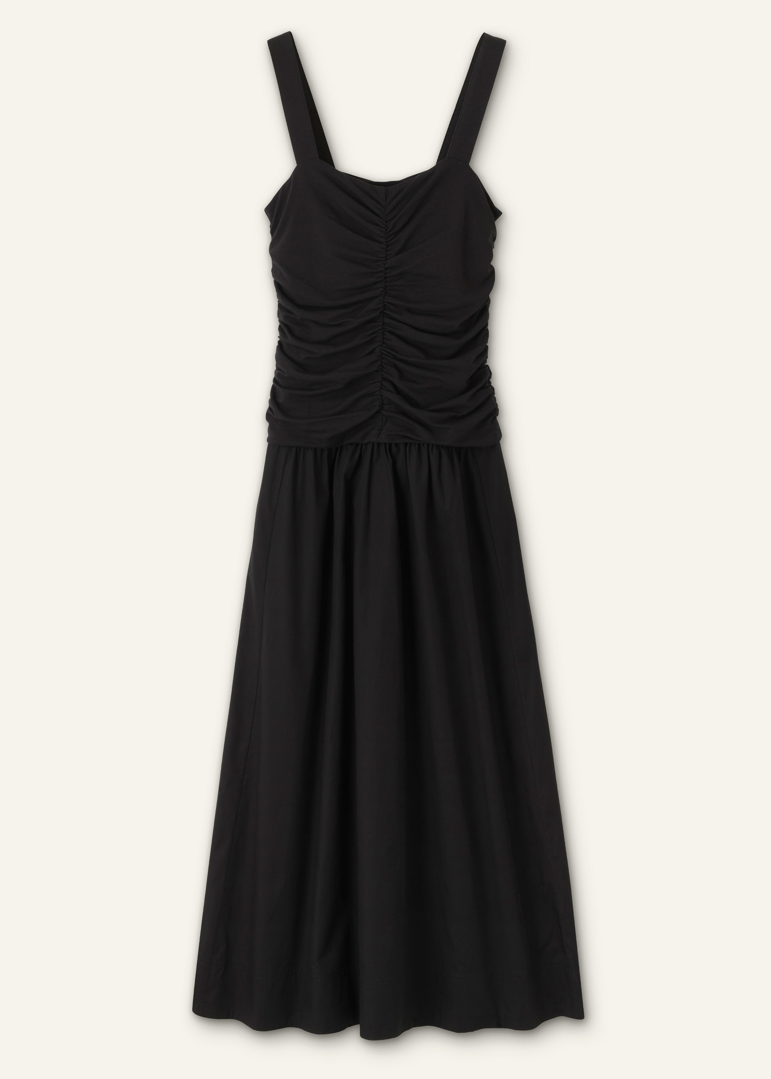 Women's Black Mixed Media Ruched Maxi Dress | ME+EM