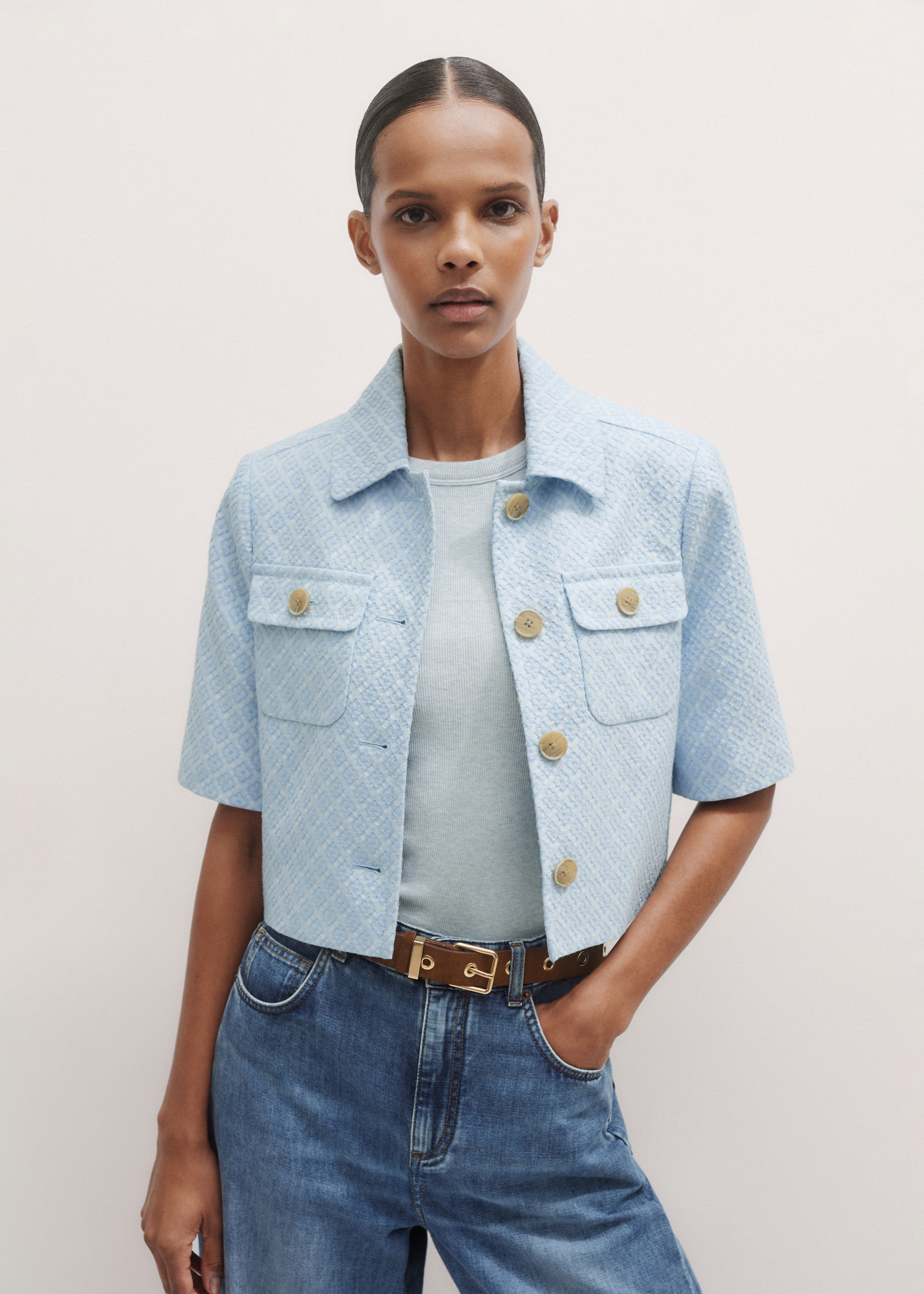 Women's Blue Jacquard Crop Jacket | ME+EM