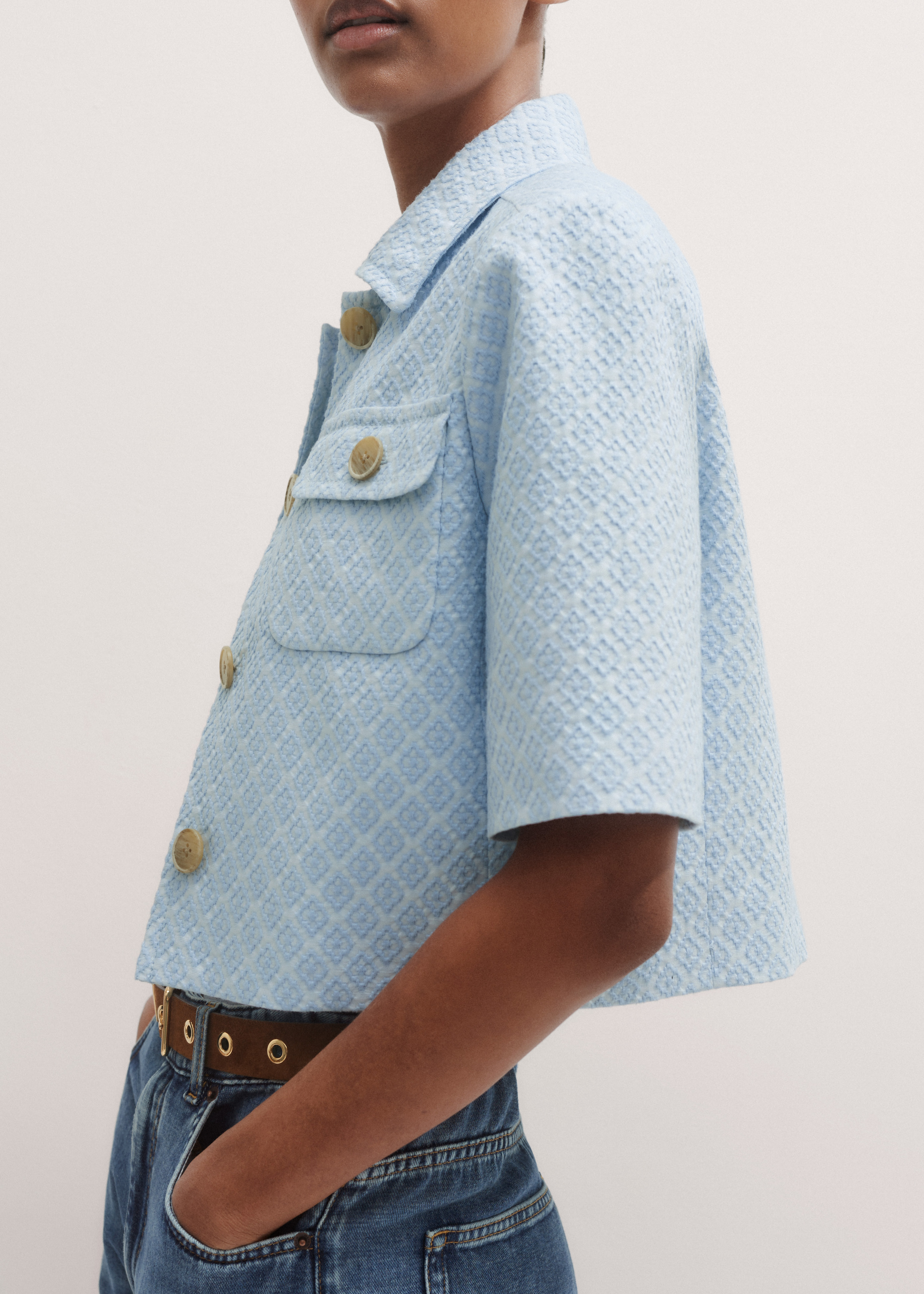 Women's Blue Jacquard Crop Jacket | ME+EM