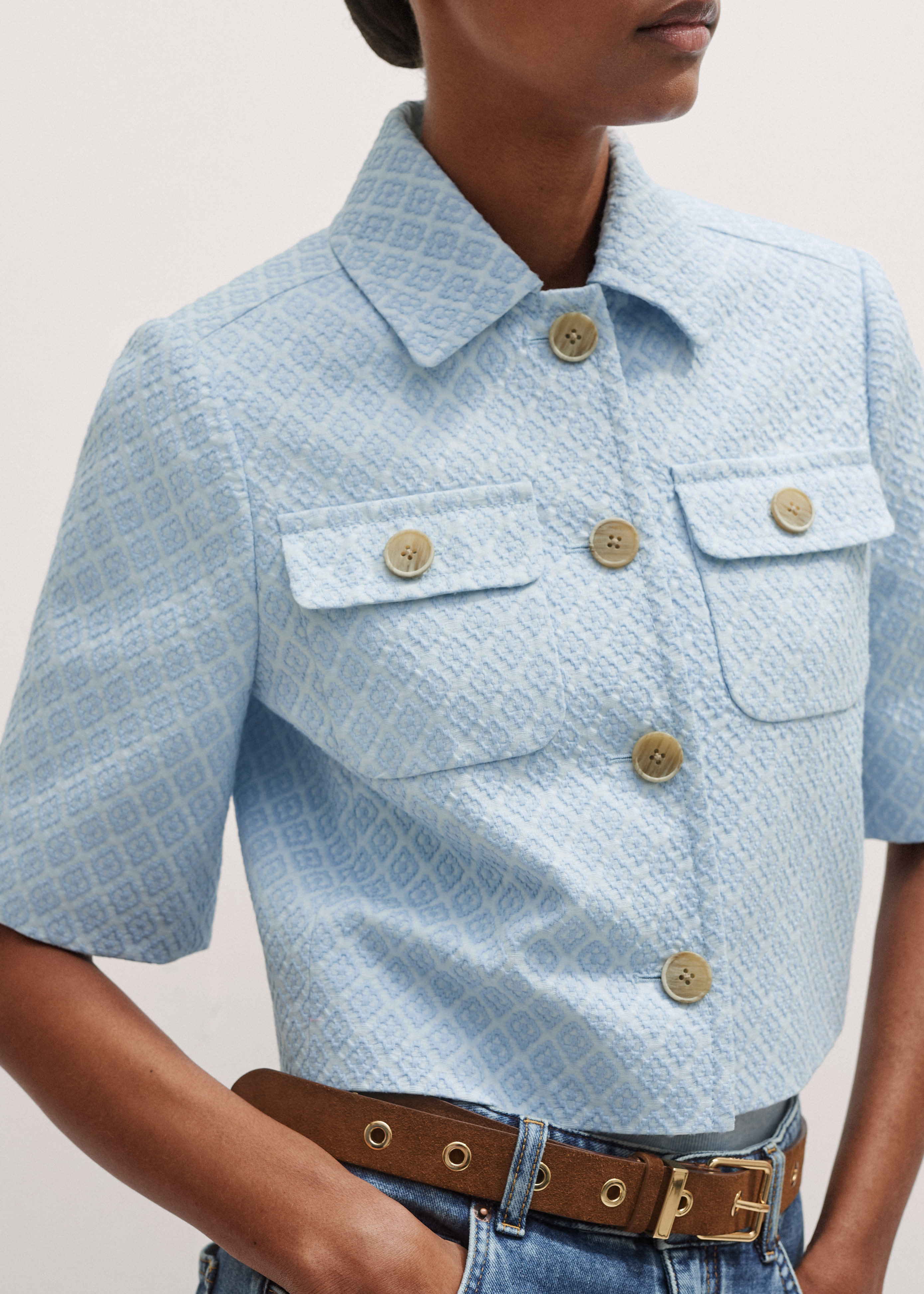 Women's Blue Jacquard Crop Jacket | ME+EM