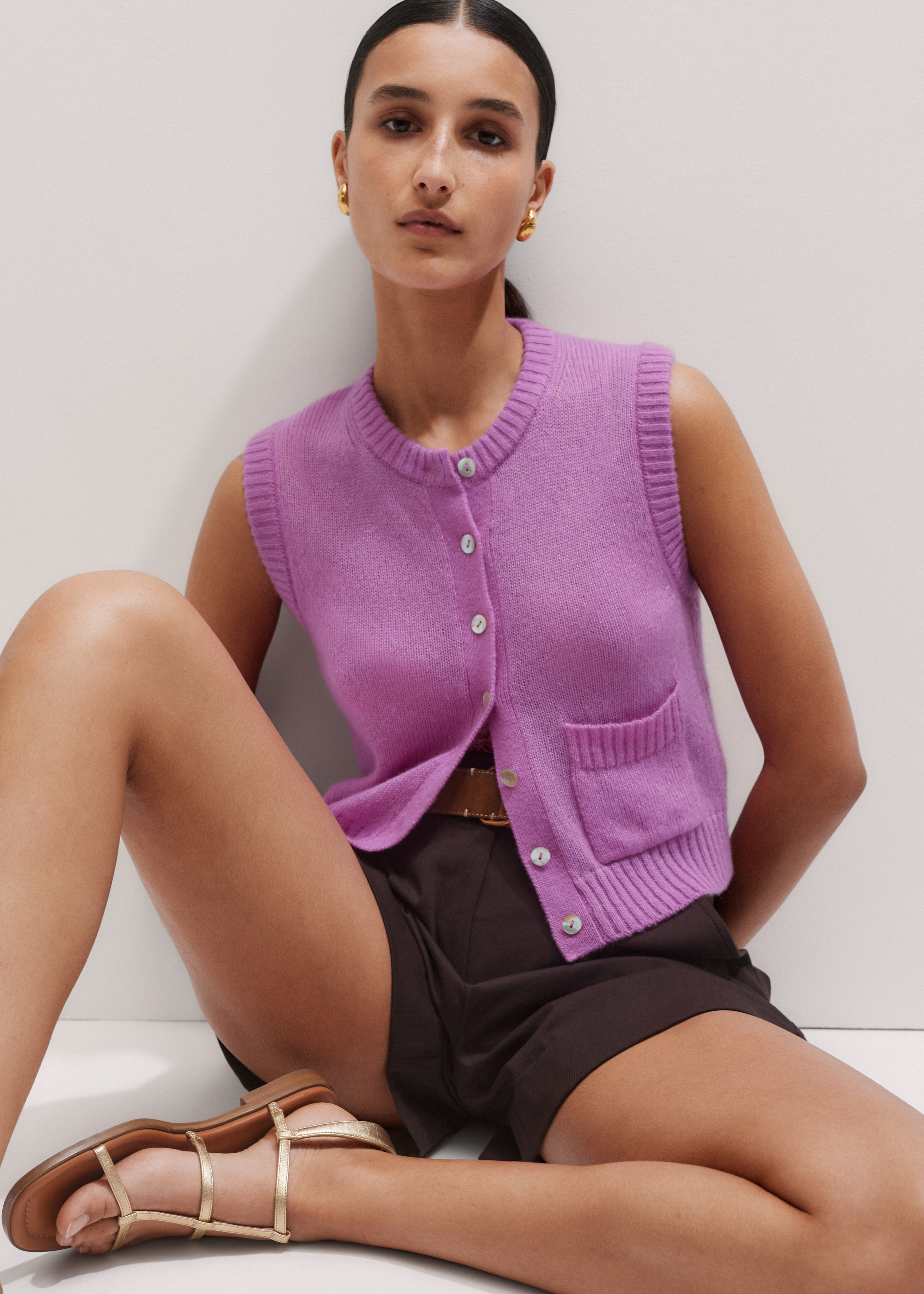 【MODERNIF】Mute Summer Knit Vest Women's Purple Lofty Button-Front Vest | ME+EM