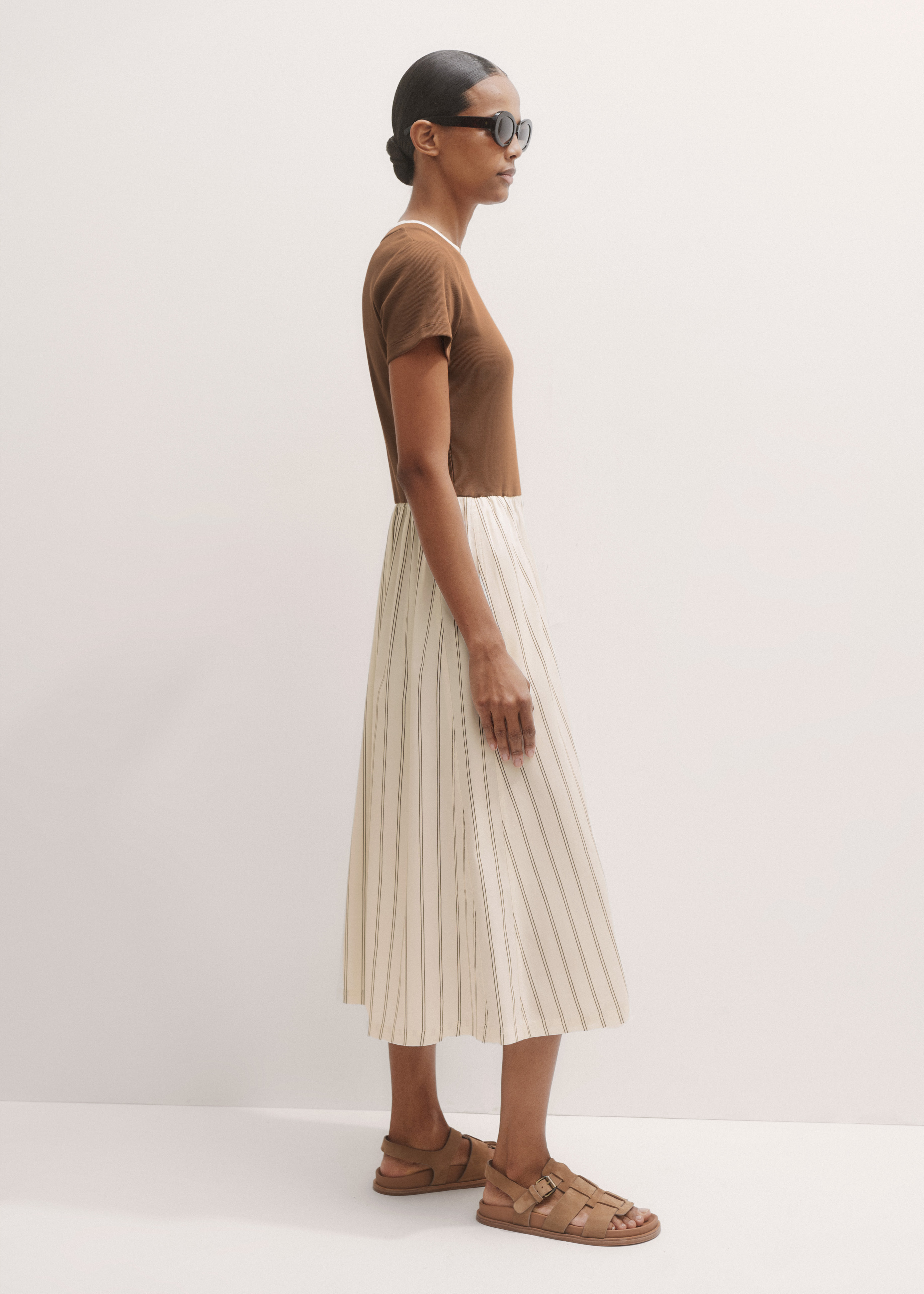 Women's Brown Mixed Media Stripe Midi Dress | ME+EM