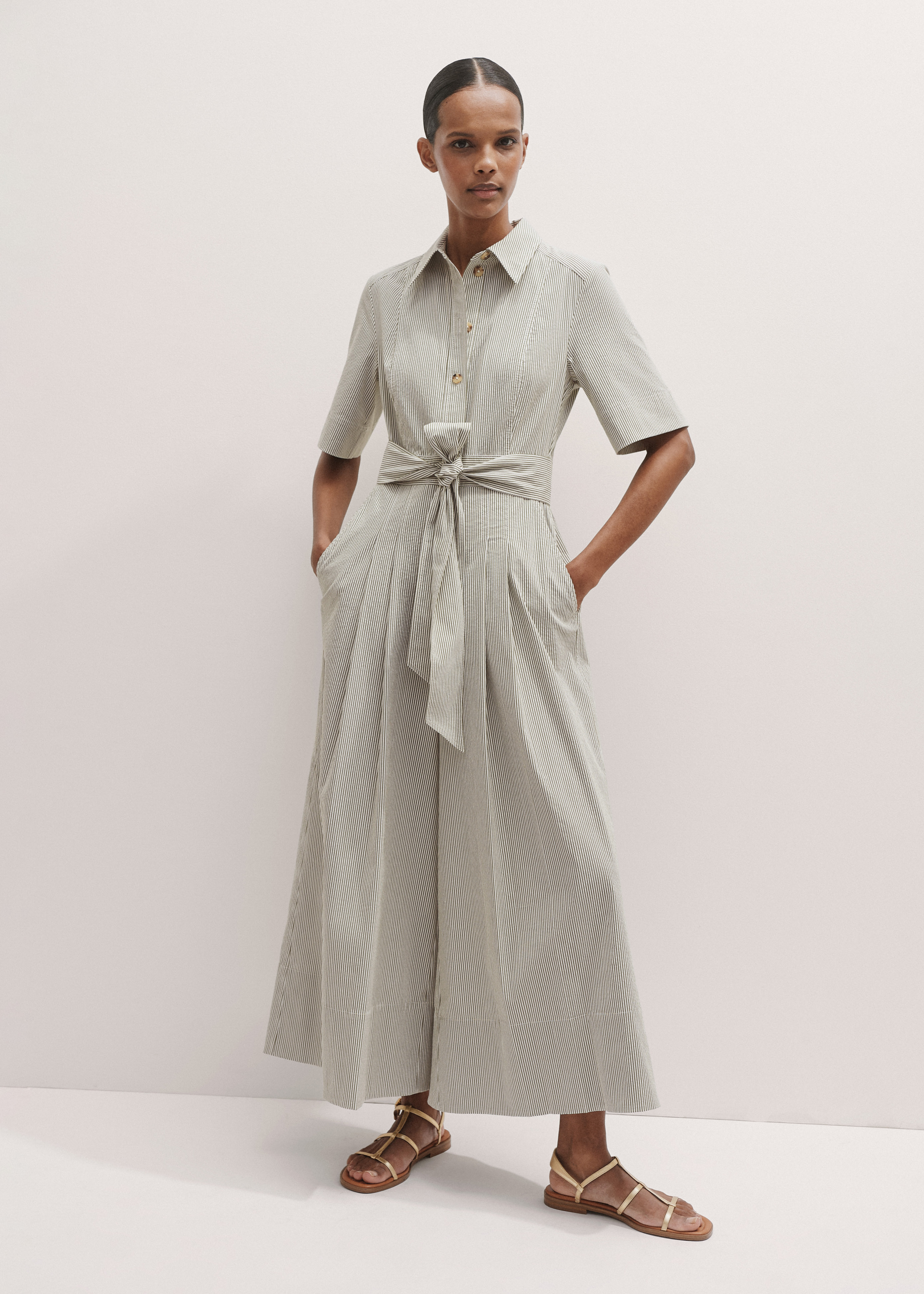 Women's Olive Green Seersucker Stripe Crop Jumpsuit + Belt | ME+EM