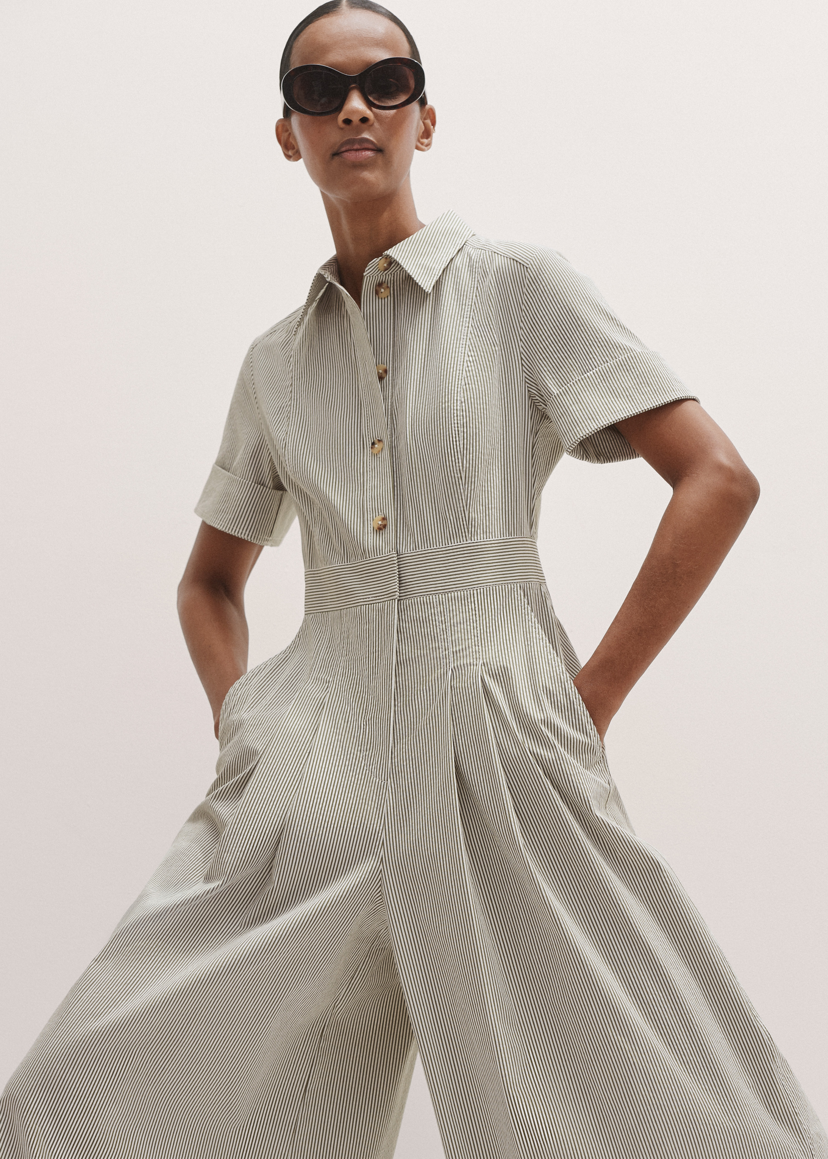 Women's Olive Green Seersucker Stripe Crop Jumpsuit + Belt | ME+EM