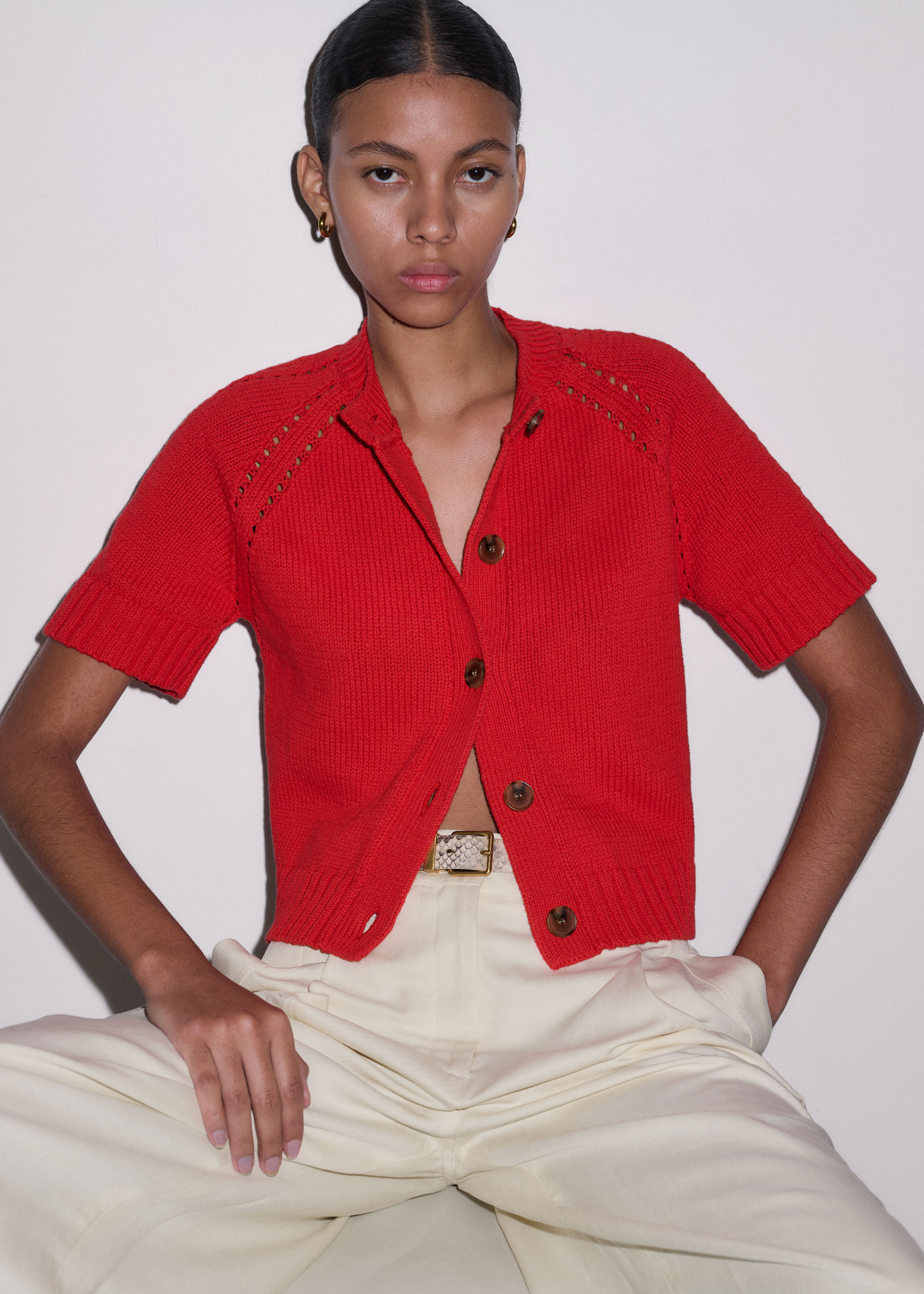 Women's Red Short Sleeve Cardigan | ME+EM