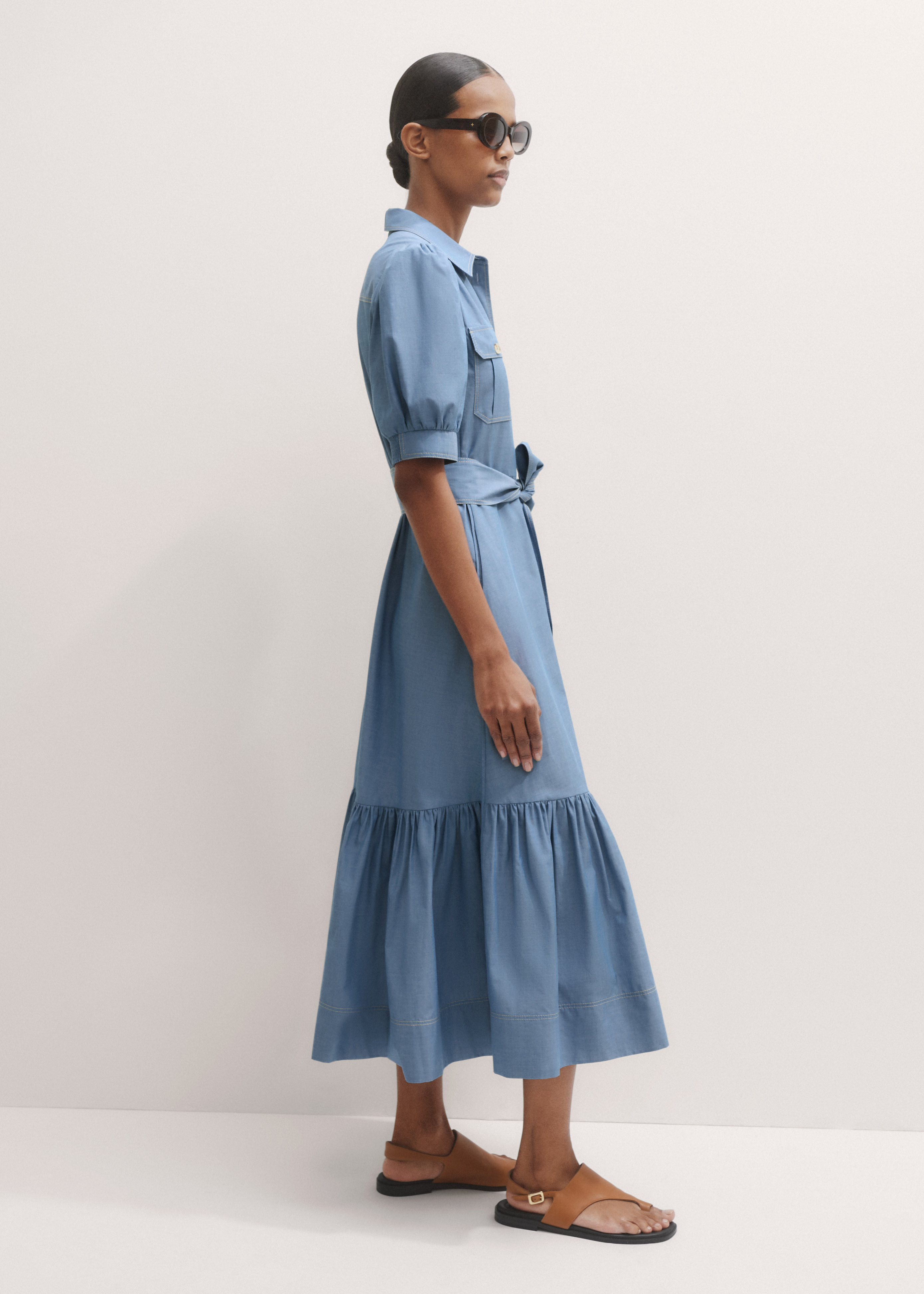 white christmas dresses Blue Smocked Chambray Tie Back Cutout Midi Dress – PinkBlush main image 1
