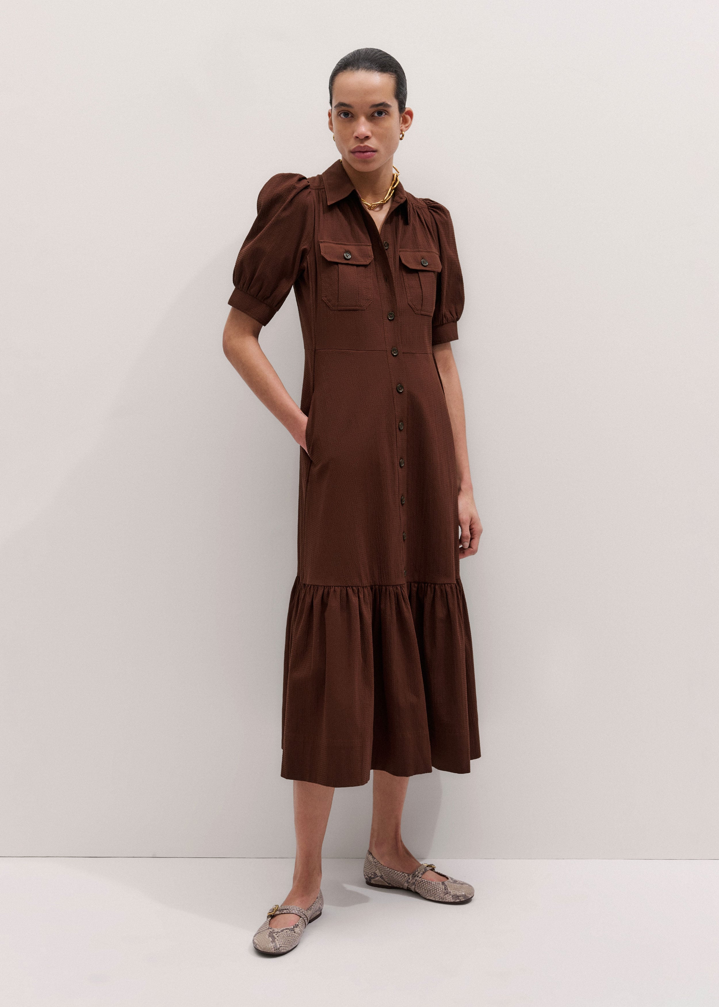 brown seersucker dress ME+EM Seersucker Midi Shirt Dress + Belt Cinnamon Brown - Women's - Cotton Seersucker