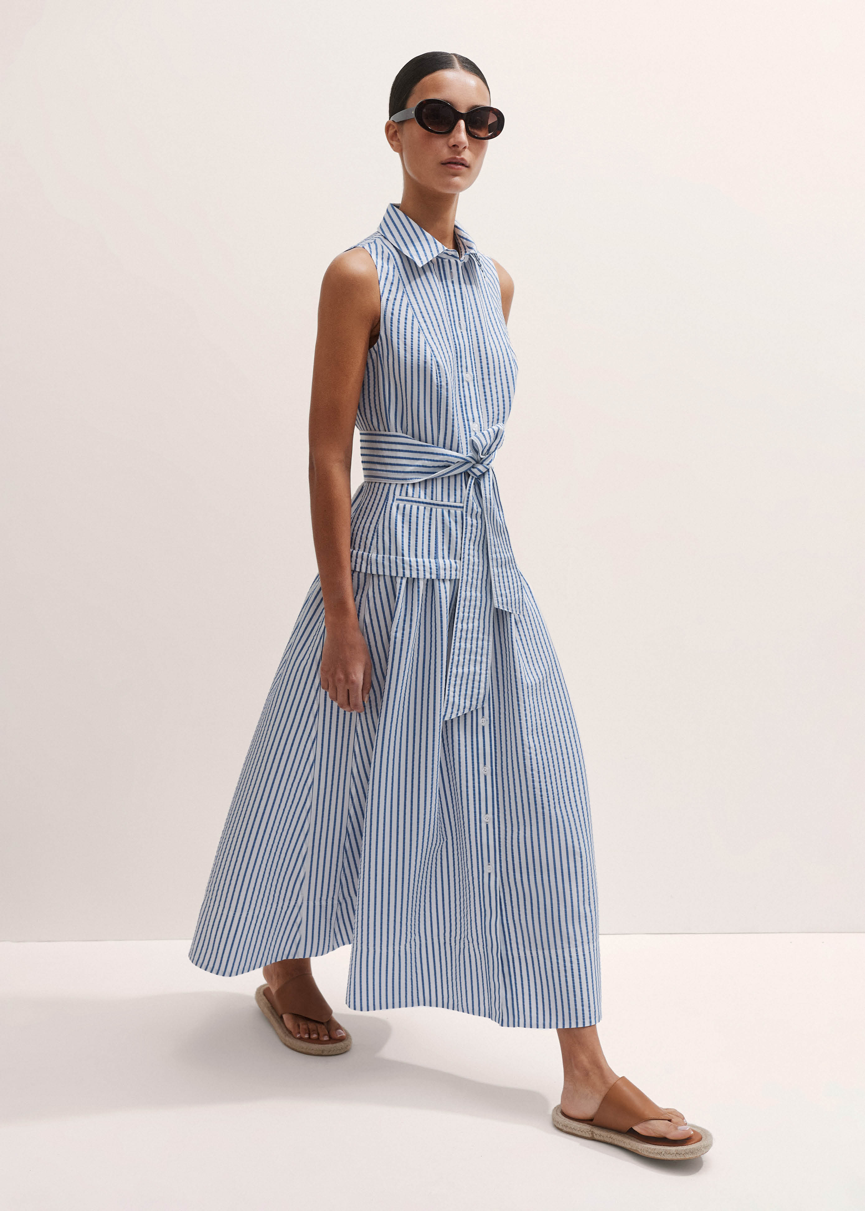 Women's Blue Seersucker Maxi Shirt Dress Belt ME+EM