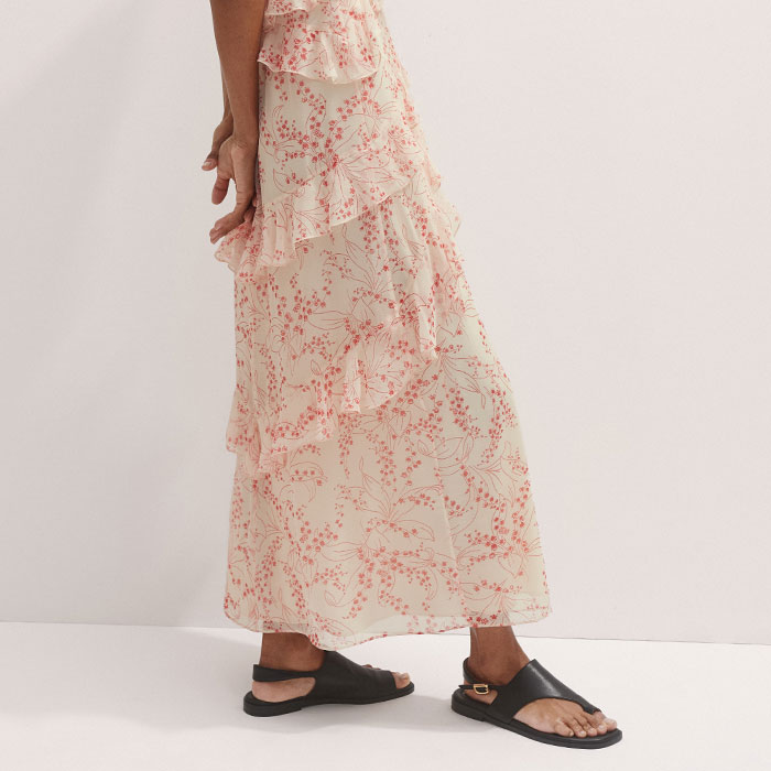 Me+em Silk Lily of The Valley Print Ruffle Maxi Dress + Bandeau Vanilla/Red/Multi - Women's - Silk Crepe - Size US 12