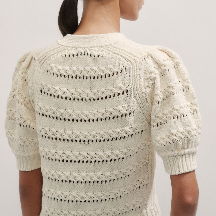 Women's Cream Cotton Open Stitch Pouf Sleeve Tee | ME+EM