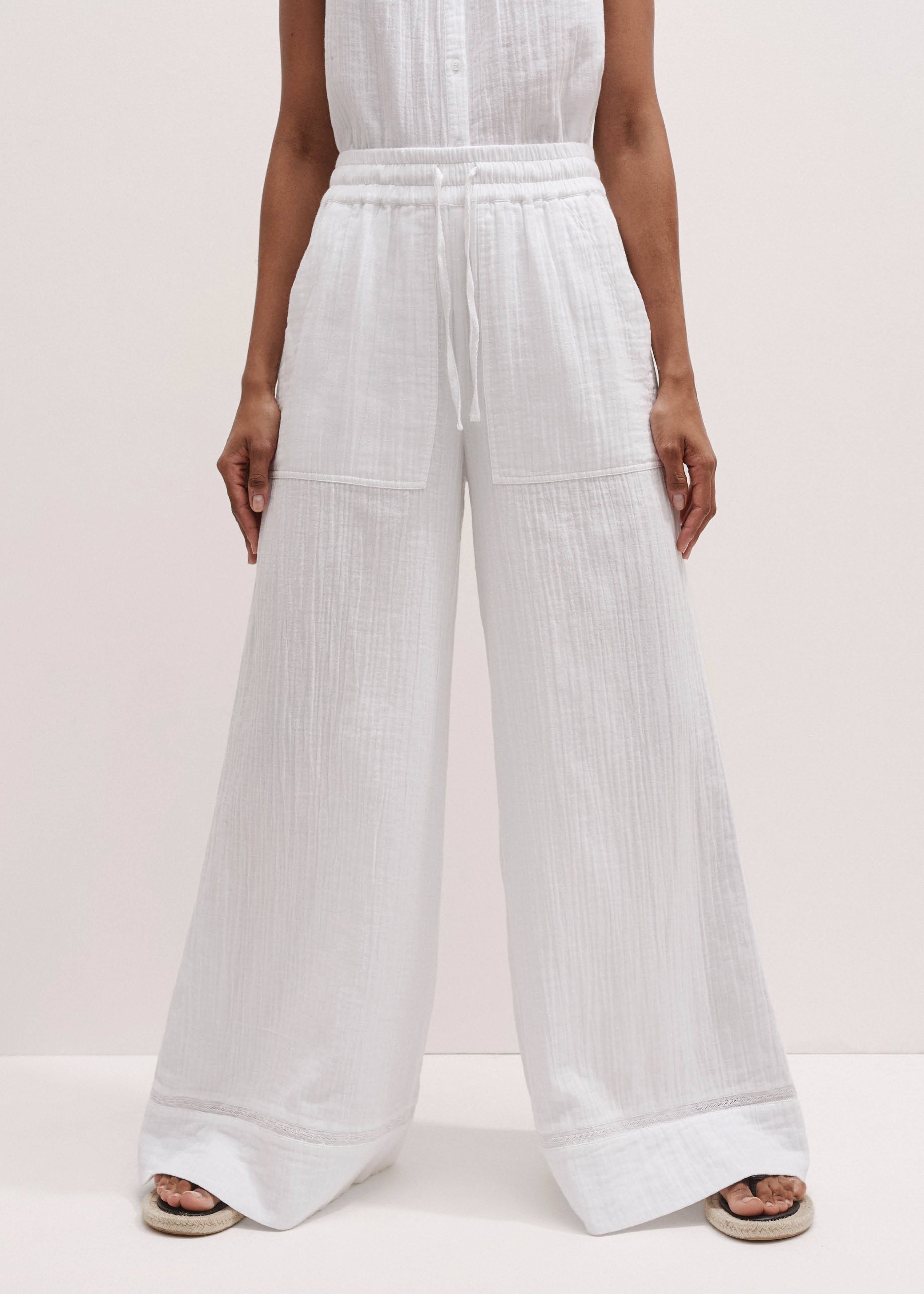 Women's White Cheesecloth Lace Trim Insert Pant | ME+EM