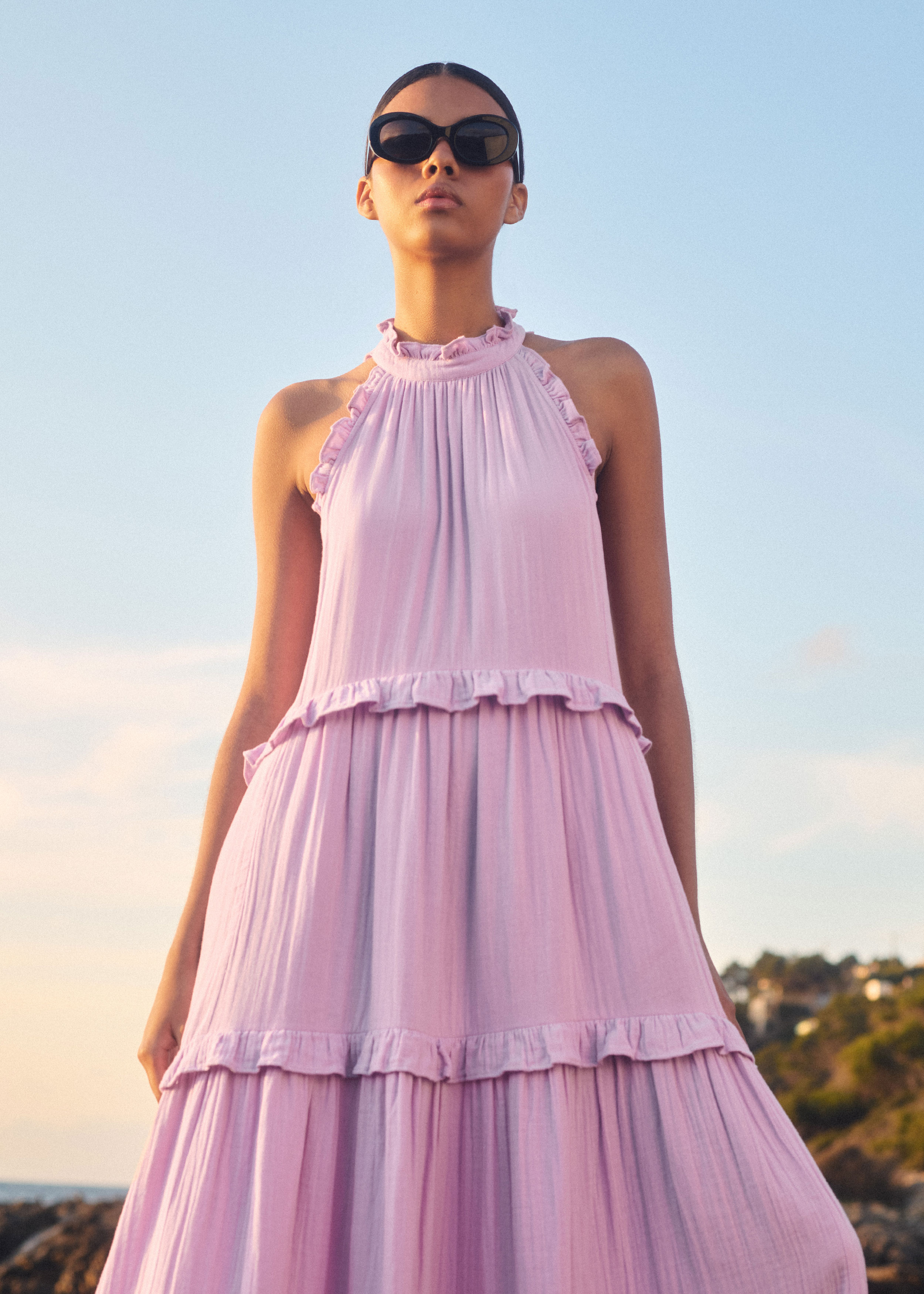 Cheesecloth Frill Full-Length Dress