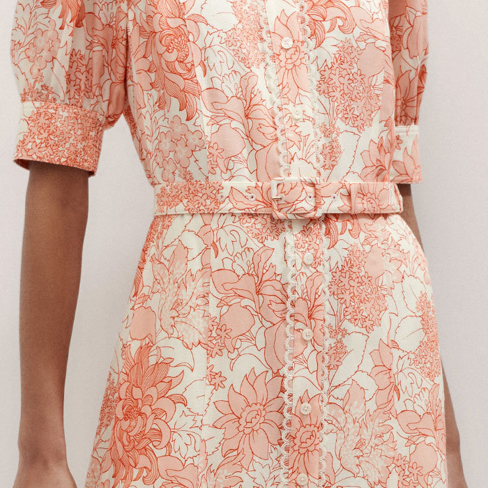 Women's Cream Linen-Blend Stencil Meadow Print Midi Dress + Belt | ME+EM