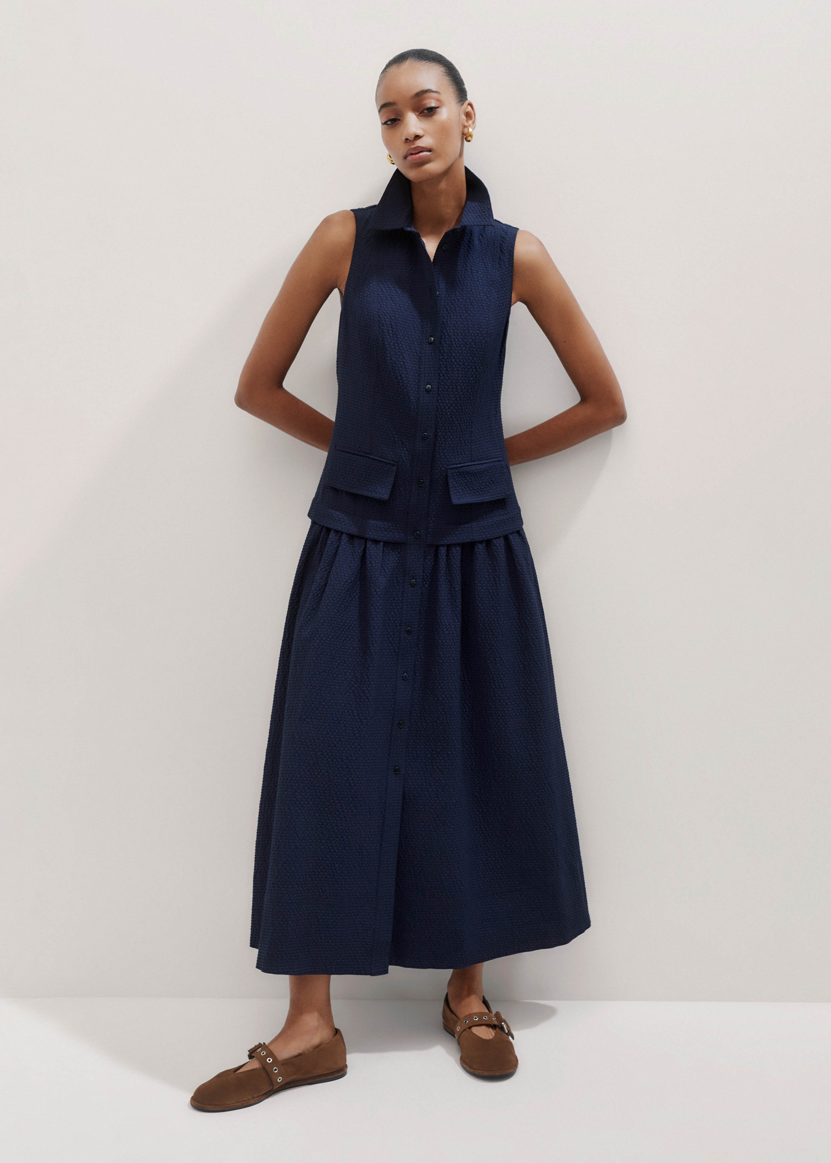 ME+EM Seersucker Maxi Shirt Dress With Belt - Navy ME+EM Seersucker Maxi Shirt Dress With Belt - Navy