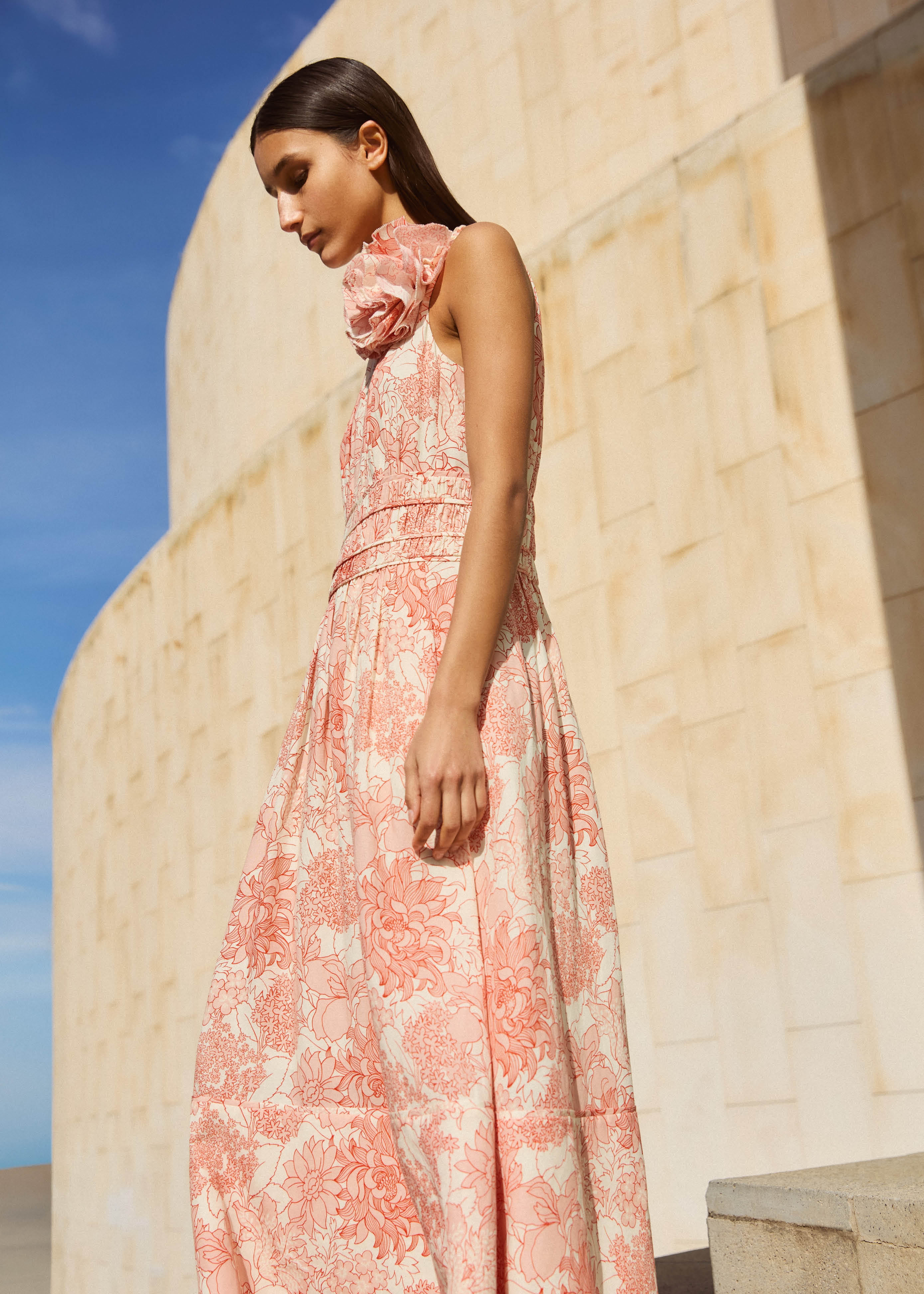 Linen-Blend Stencil Meadow Print Maxi Dress + Corsage