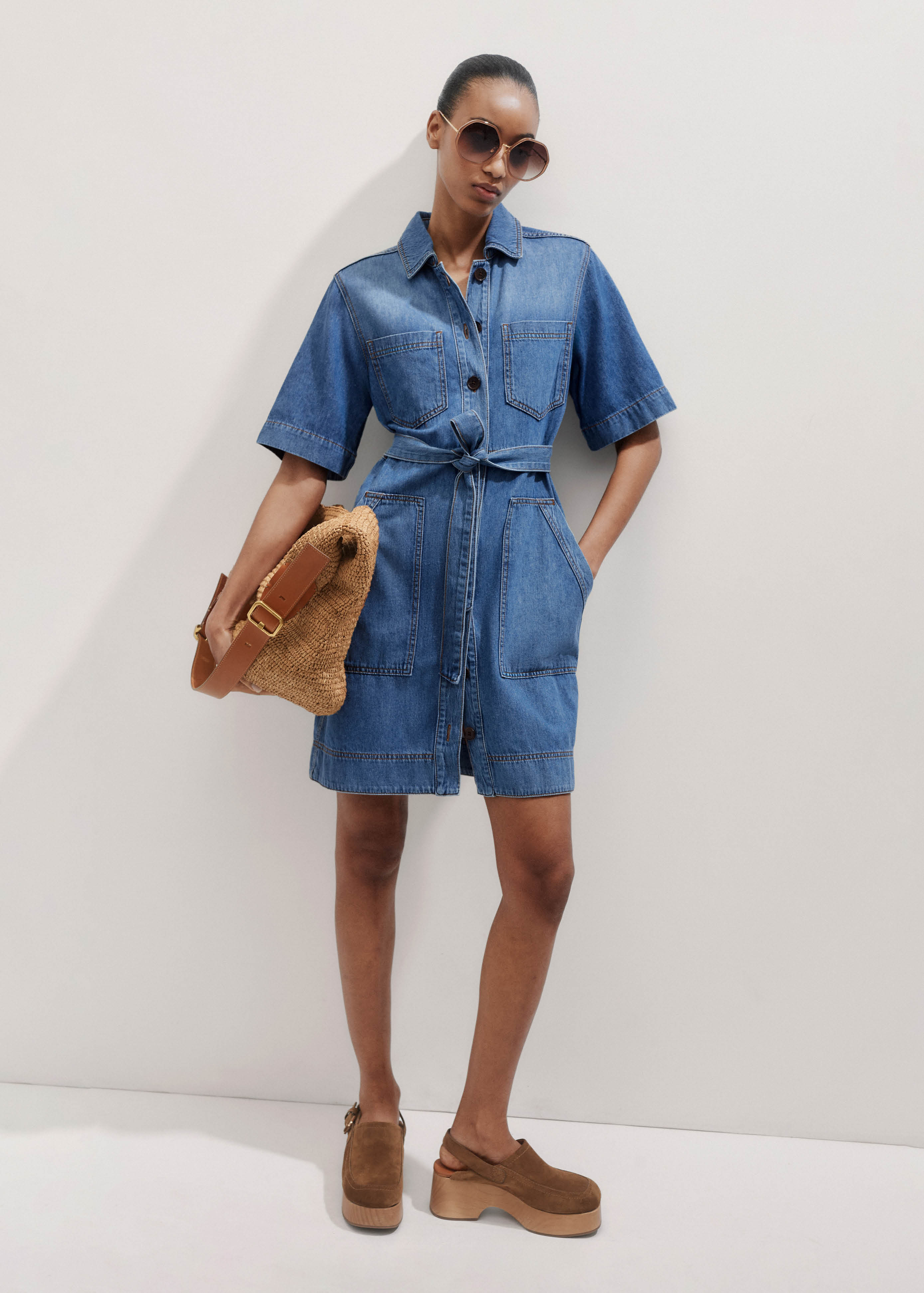 Women's Blue Straight Boxy Denim Short Shirt Dress + Belt | ME+EM