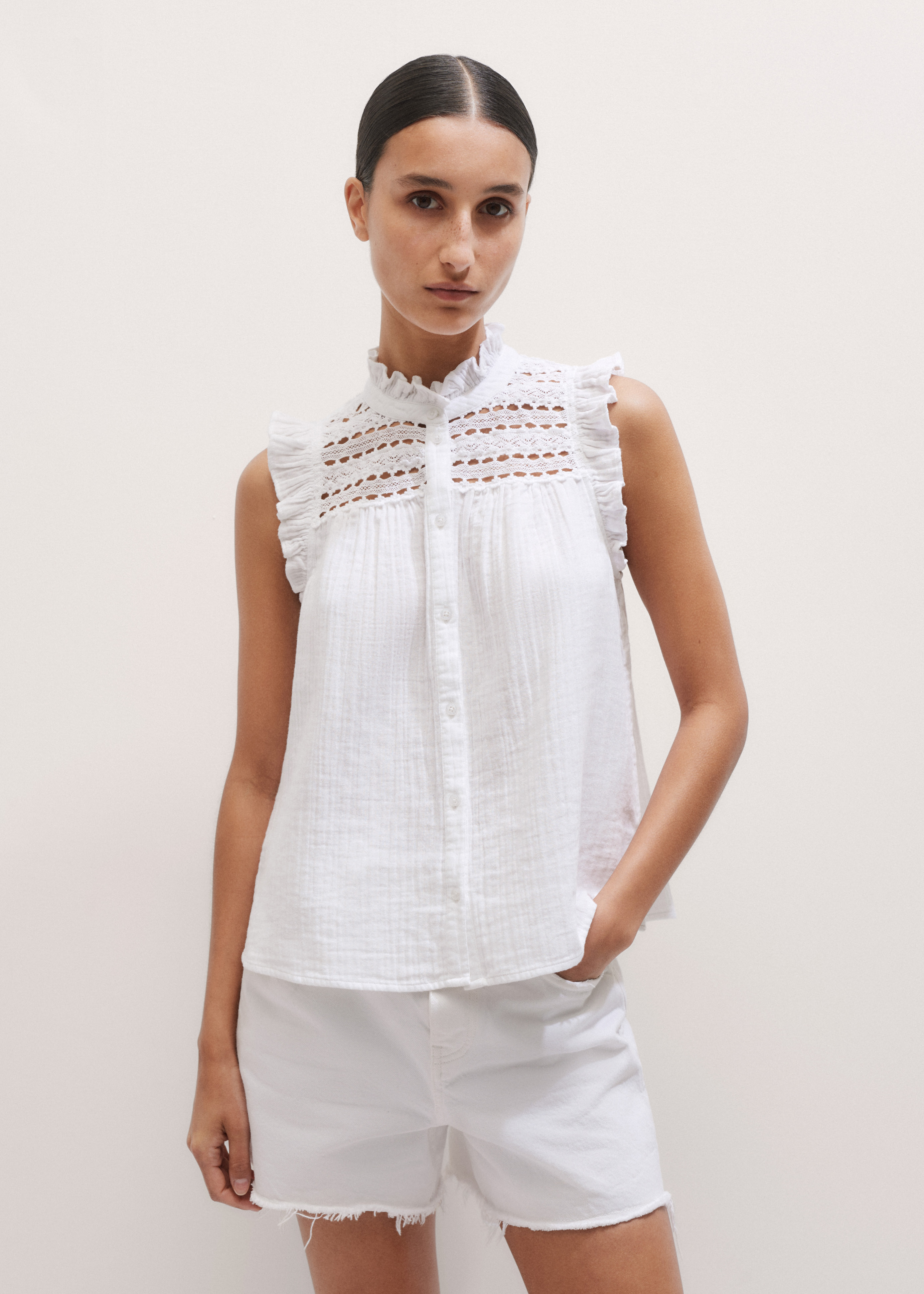 Women's White Cheesecloth Lace Detail Top | ME+EM