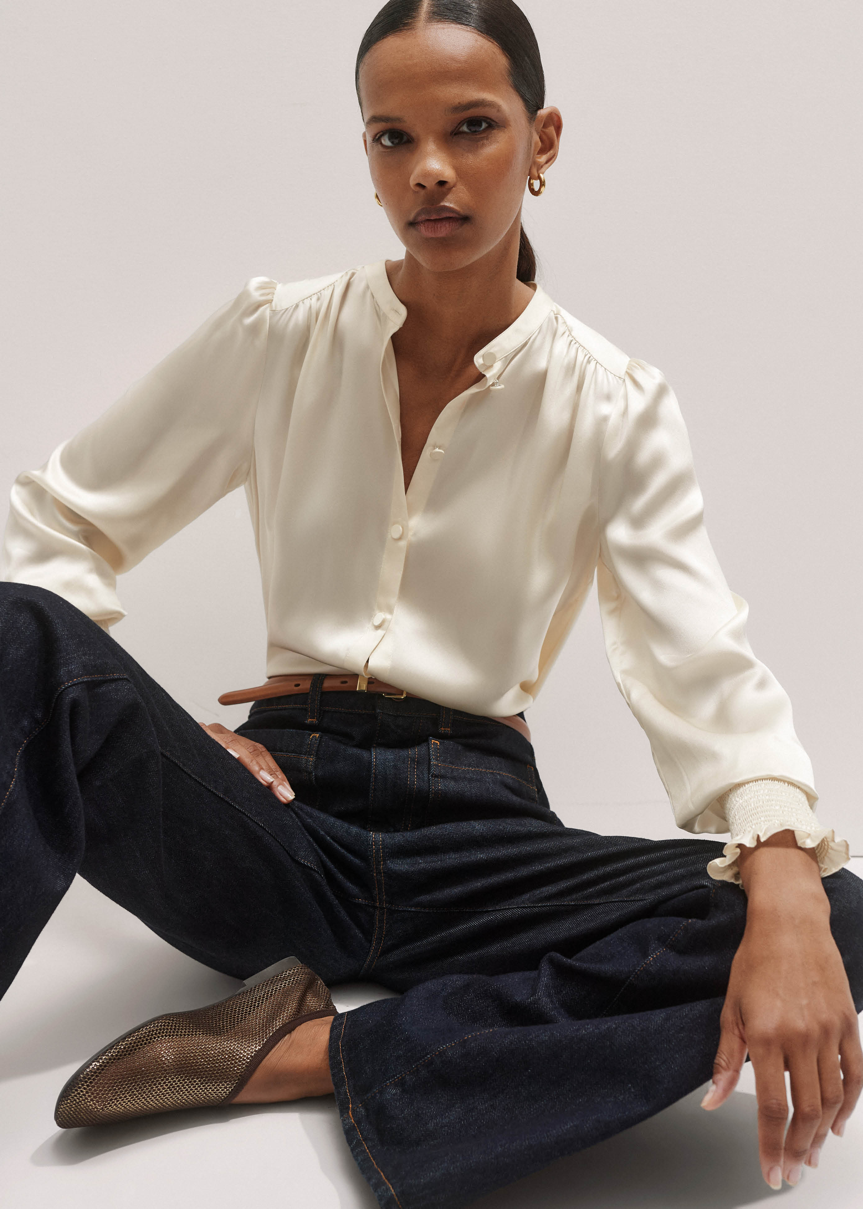 M me eme エムミーエメ Satin ribbon blouse Women's Cream Silk Satin Blouse + Tie | ME+EM
