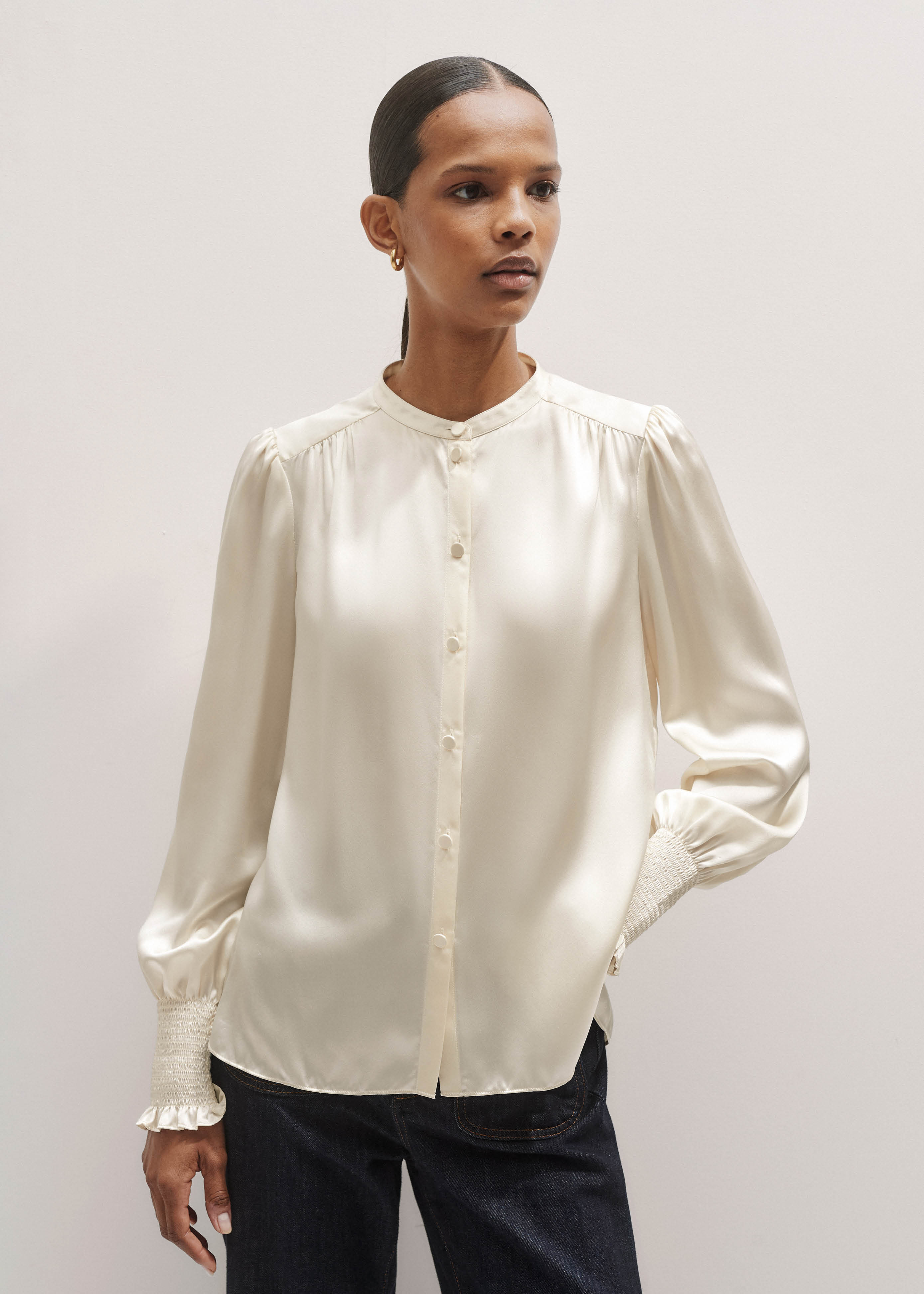Women's Cream Silk Satin Blouse + Tie | ME+EM