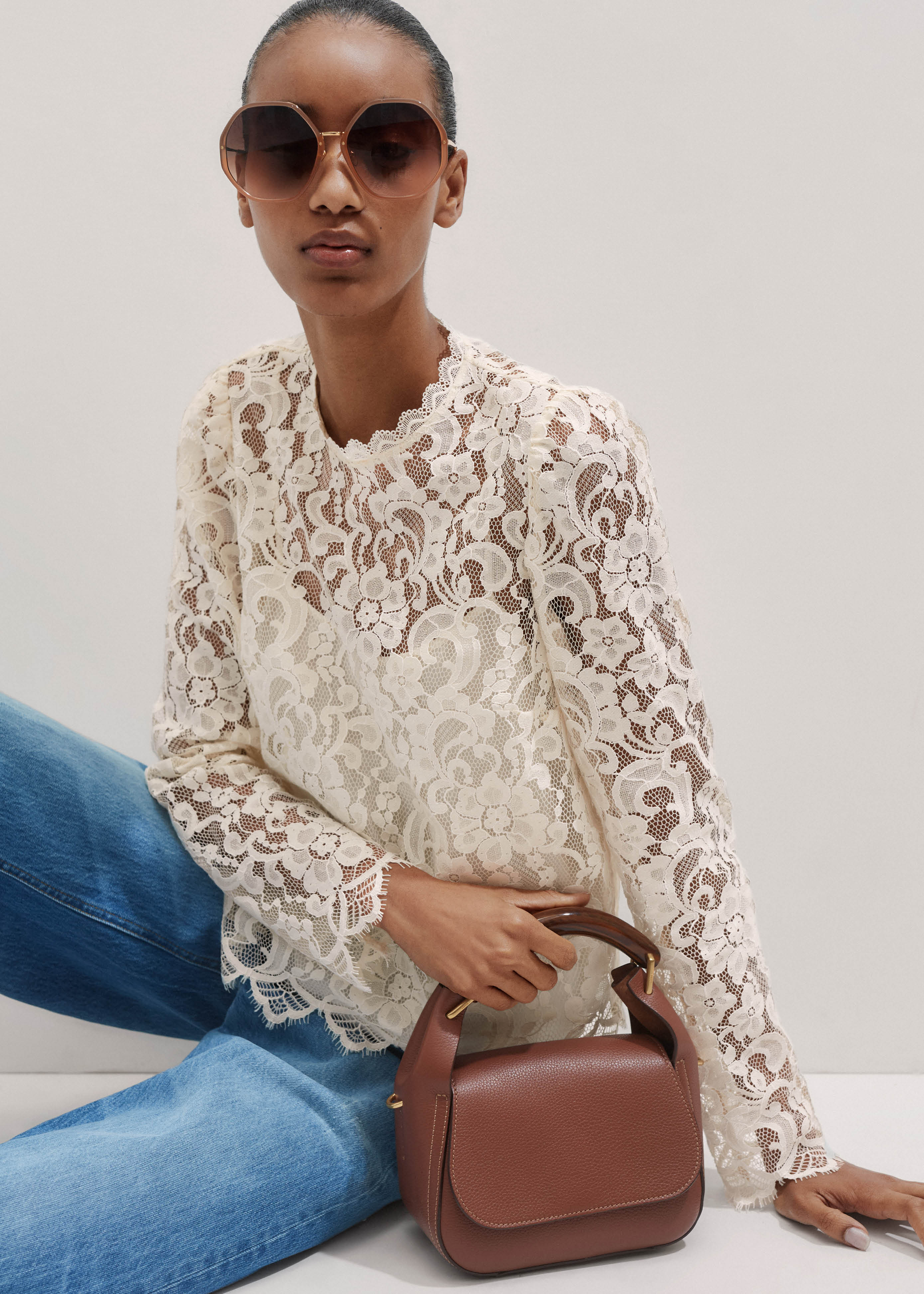 Women's Cream Long-Sleeve Lace Top + Cami | ME+EM