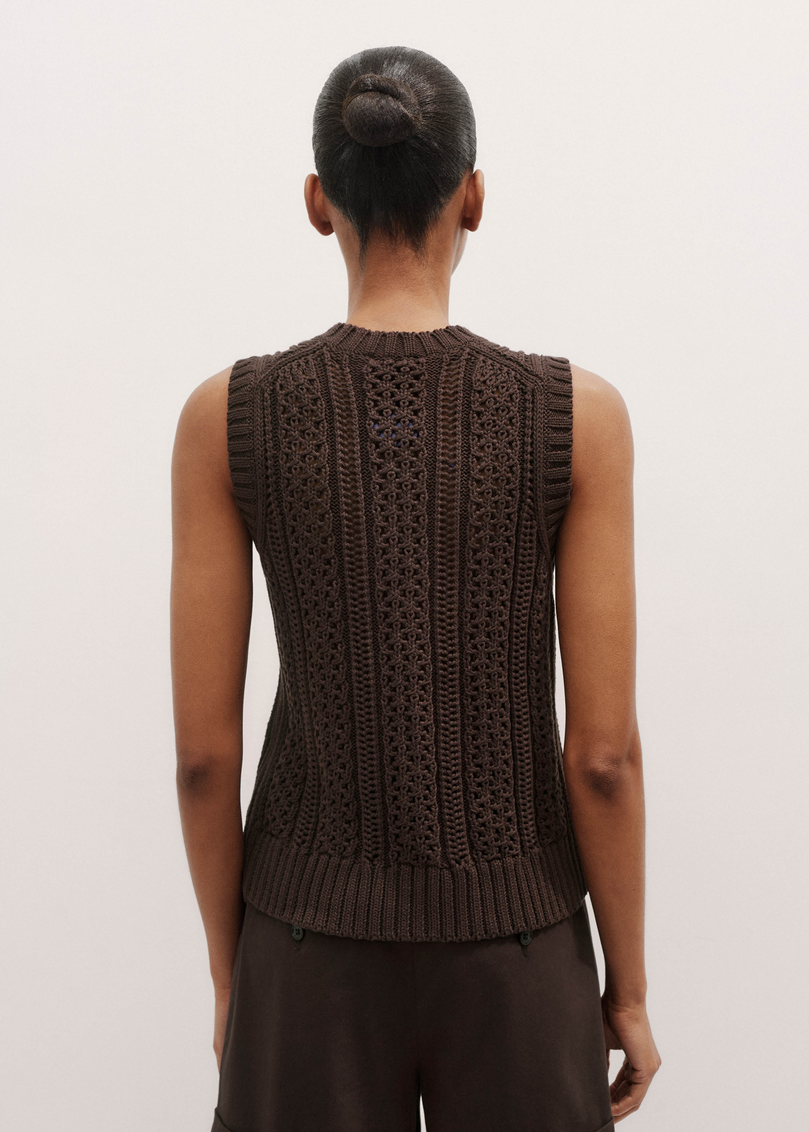 Women's Brown Cotton Open Stitch Sweater Vest | ME+EM