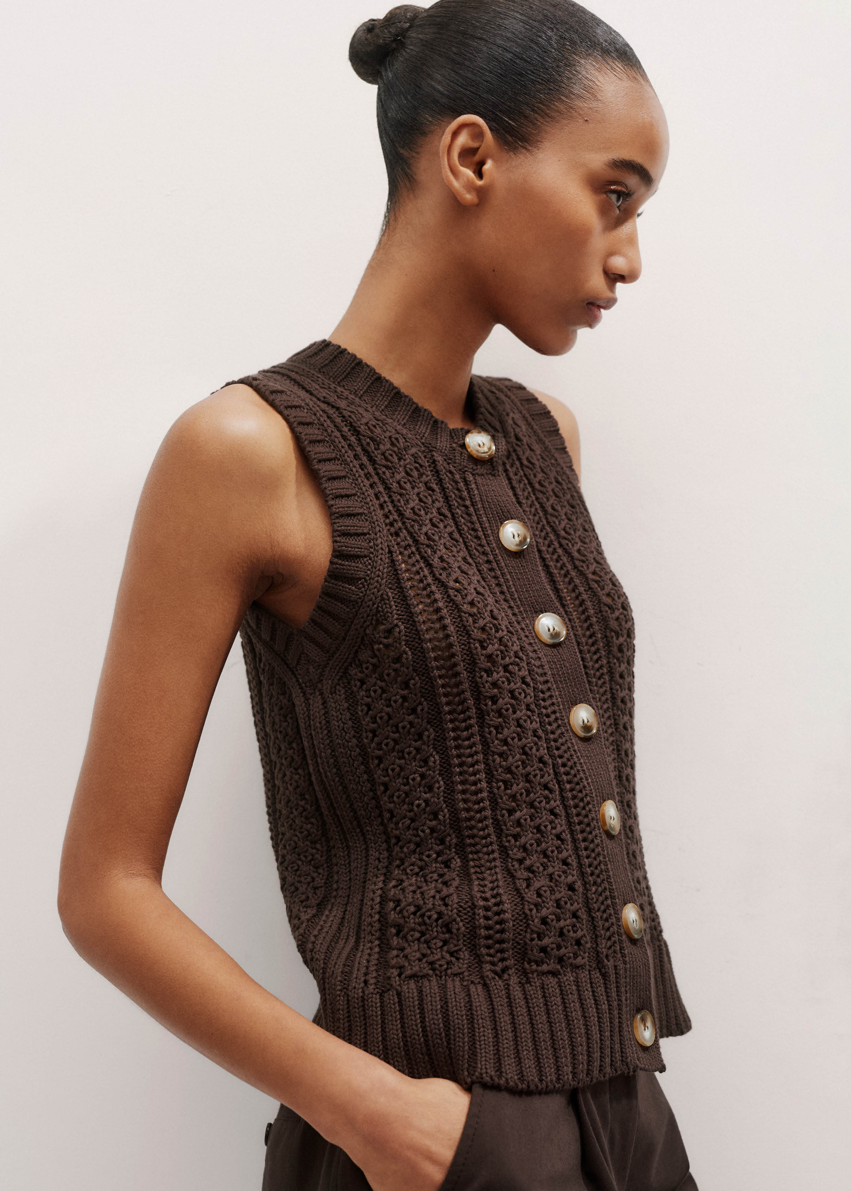 Women's Brown Cotton Open Stitch Sweater Vest | ME+EM