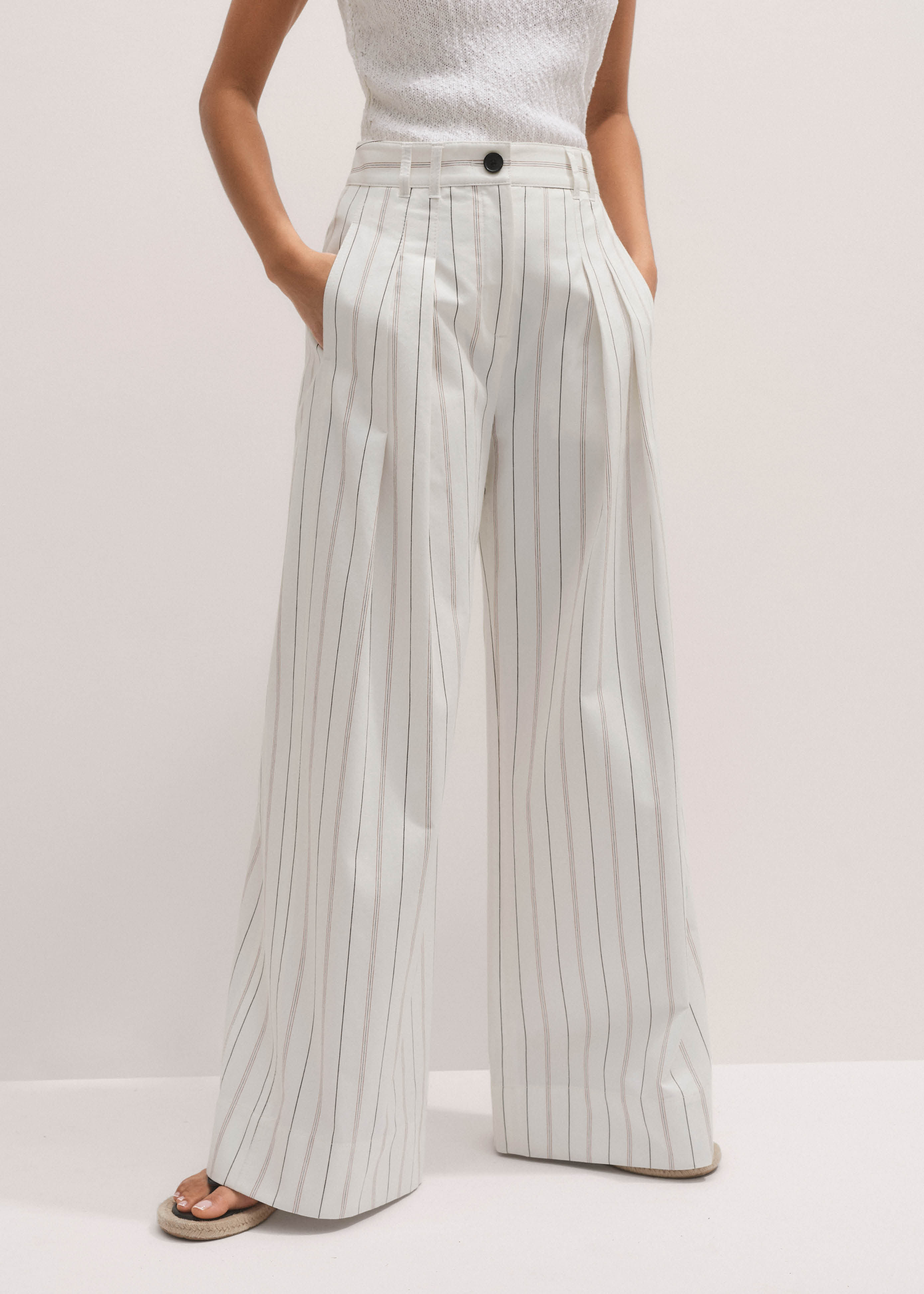 Italian Cotton Multi Stripe Double Pleat Wide-Leg Trouser