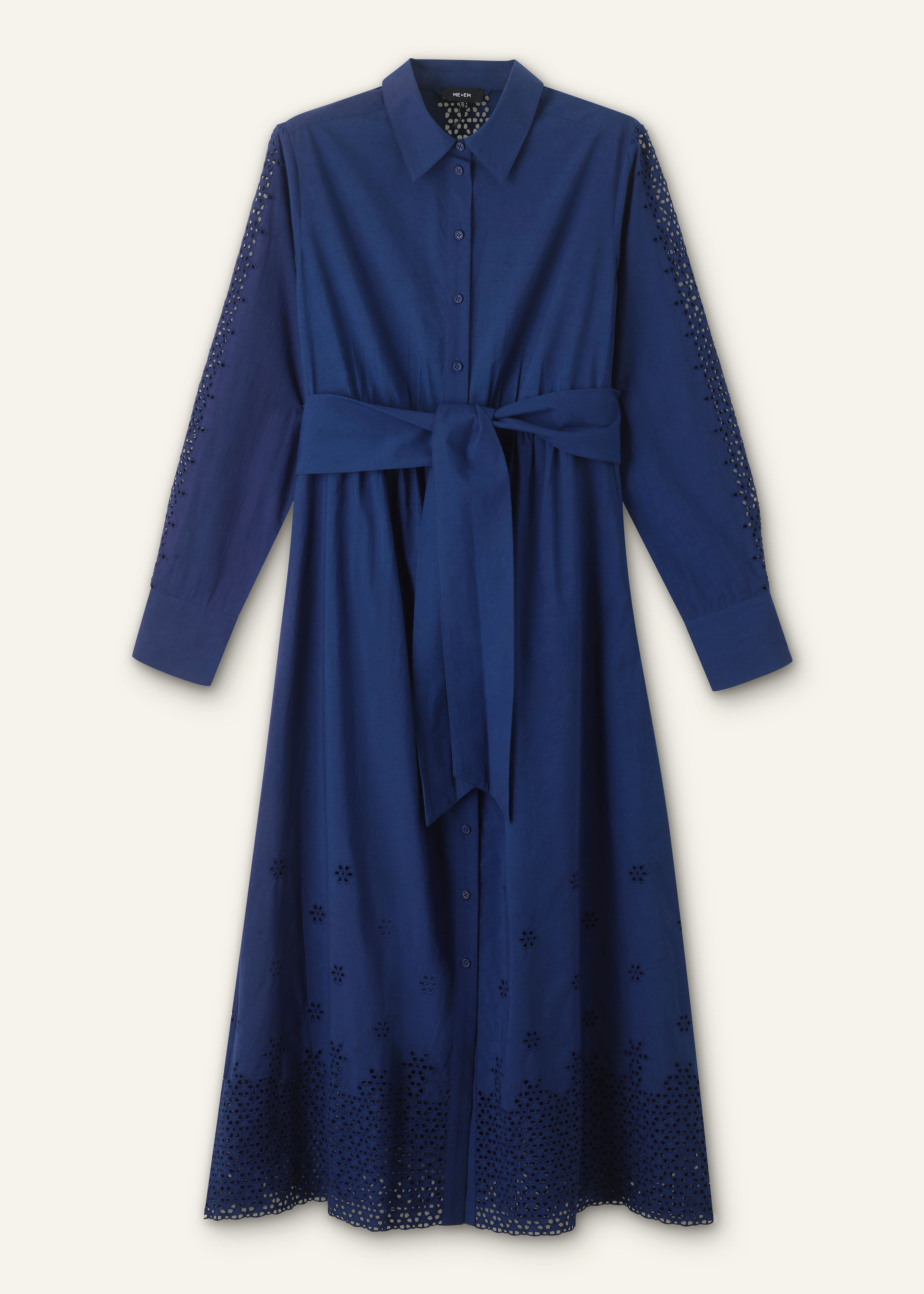 hitomi shirt dress XS ライトブルー Women's Blue Cotton Broderie Border Maxi Shirt Dress + Belt