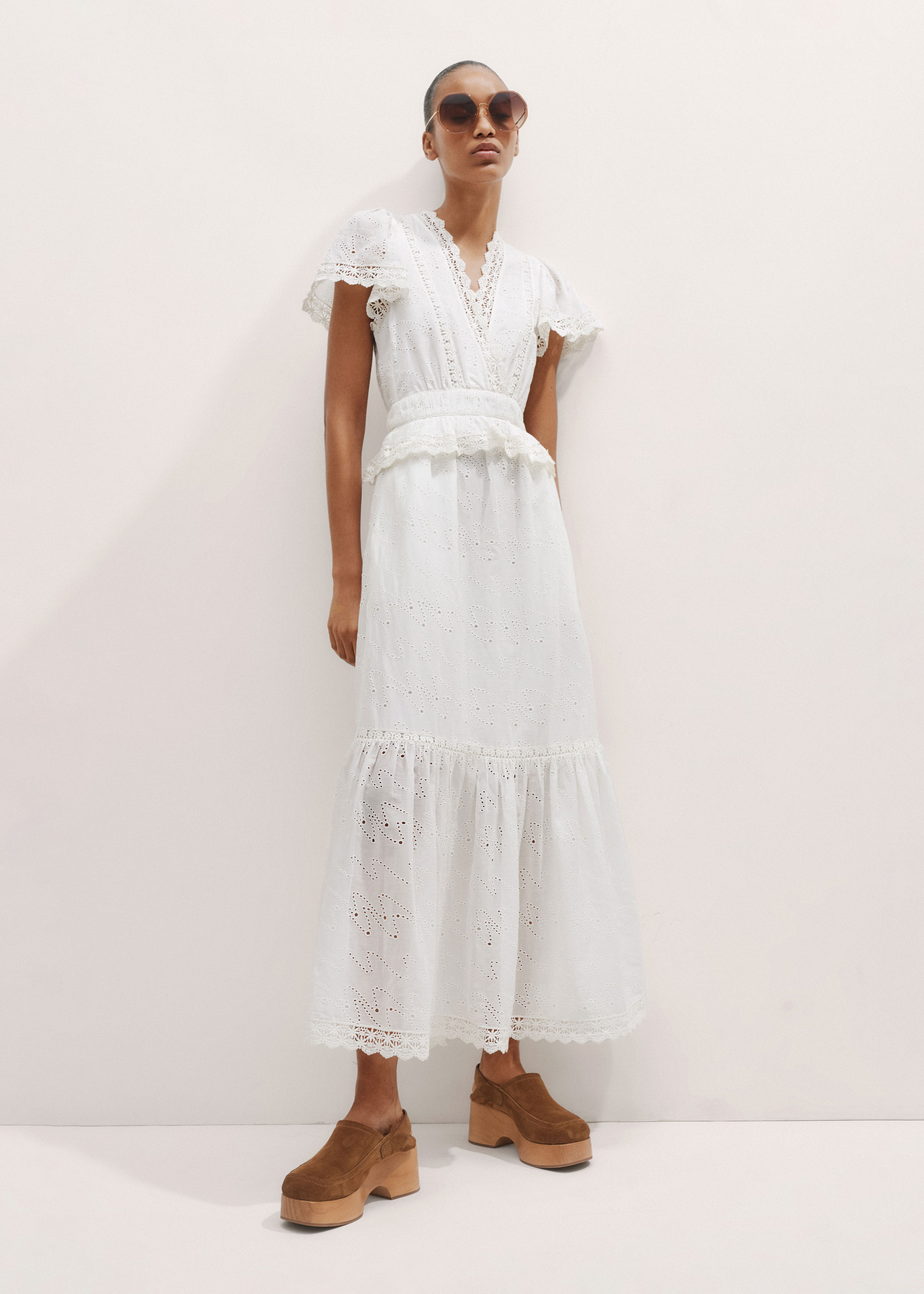 Women's White Modern Zig Zag Broderie Maxi Dress | ME+EM