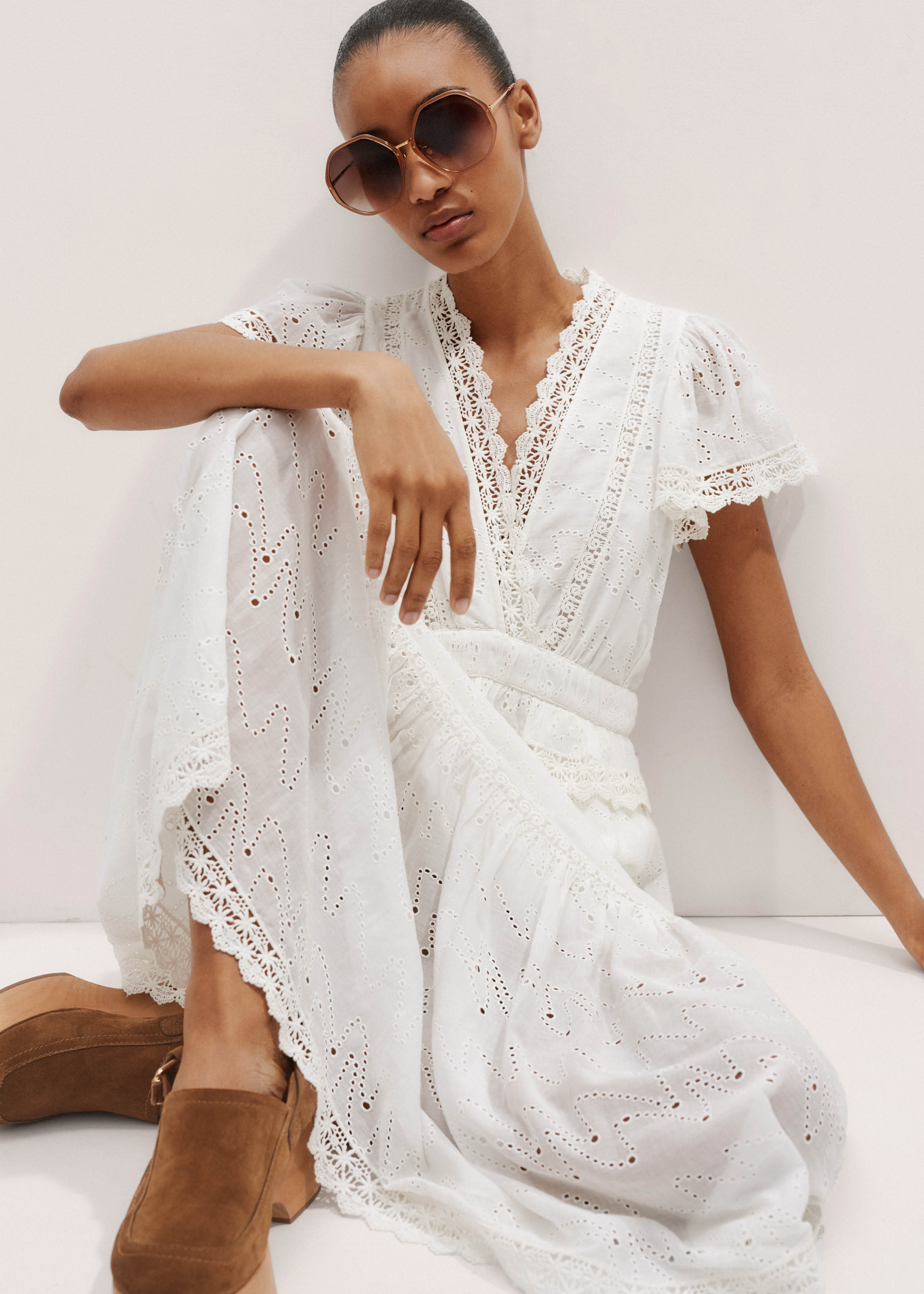 Women's White Modern Zig Zag Broderie Maxi Dress | ME+EM